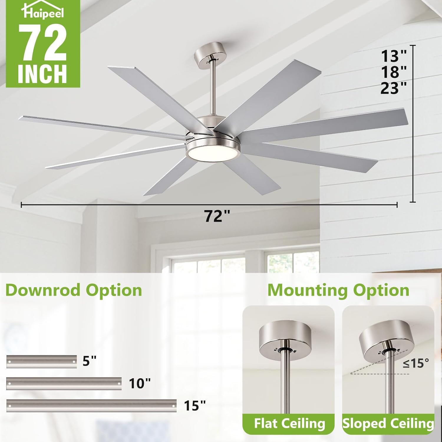 72 Inch Large Ceiling Fans with Lights and Remote Control, 8 Blade Outdoor Ceiling Fan Light for Patios and Porch Modern Industrial Silver, Brushed Nickel