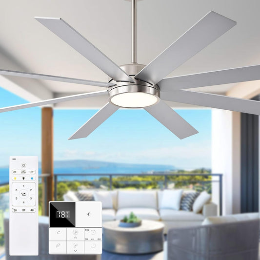 72 Inch Large Ceiling Fans with Lights and Remote Control, 8 Blade Outdoor Ceiling Fan Light for Patios and Porch Modern Industrial Silver, Brushed Nickel