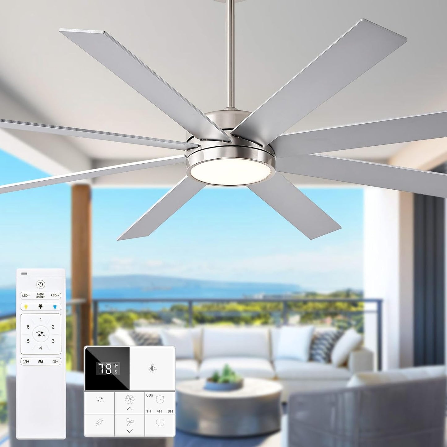 72 Inch Large Ceiling Fans with Lights and Remote Control, 8 Blade Outdoor Ceiling Fan Light for Patios and Porch Modern Industrial Silver, Brushed Nickel
