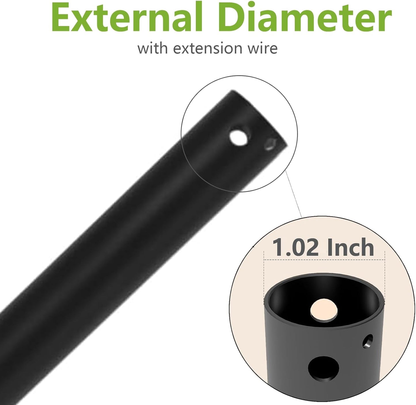 48 Inch Ceiling Fan Downrod Accessories with Extended Cord, 4 FT Black Downrod for Ceiling Fan, 1 Inch Outside Diameter for a Wide Range of Fans Not Threaded (Black)