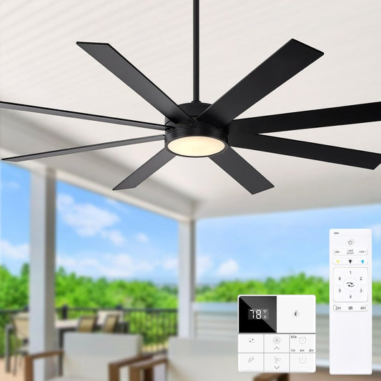 72 Inch Large Ceiling Fans with Lights and Remote Control, Black Outdoor Ceiling Fan with Light High cfm 8 Blades Wood Industrial Large Ceiling Fan for Patio Bedroom Farmhouse, Matte Black