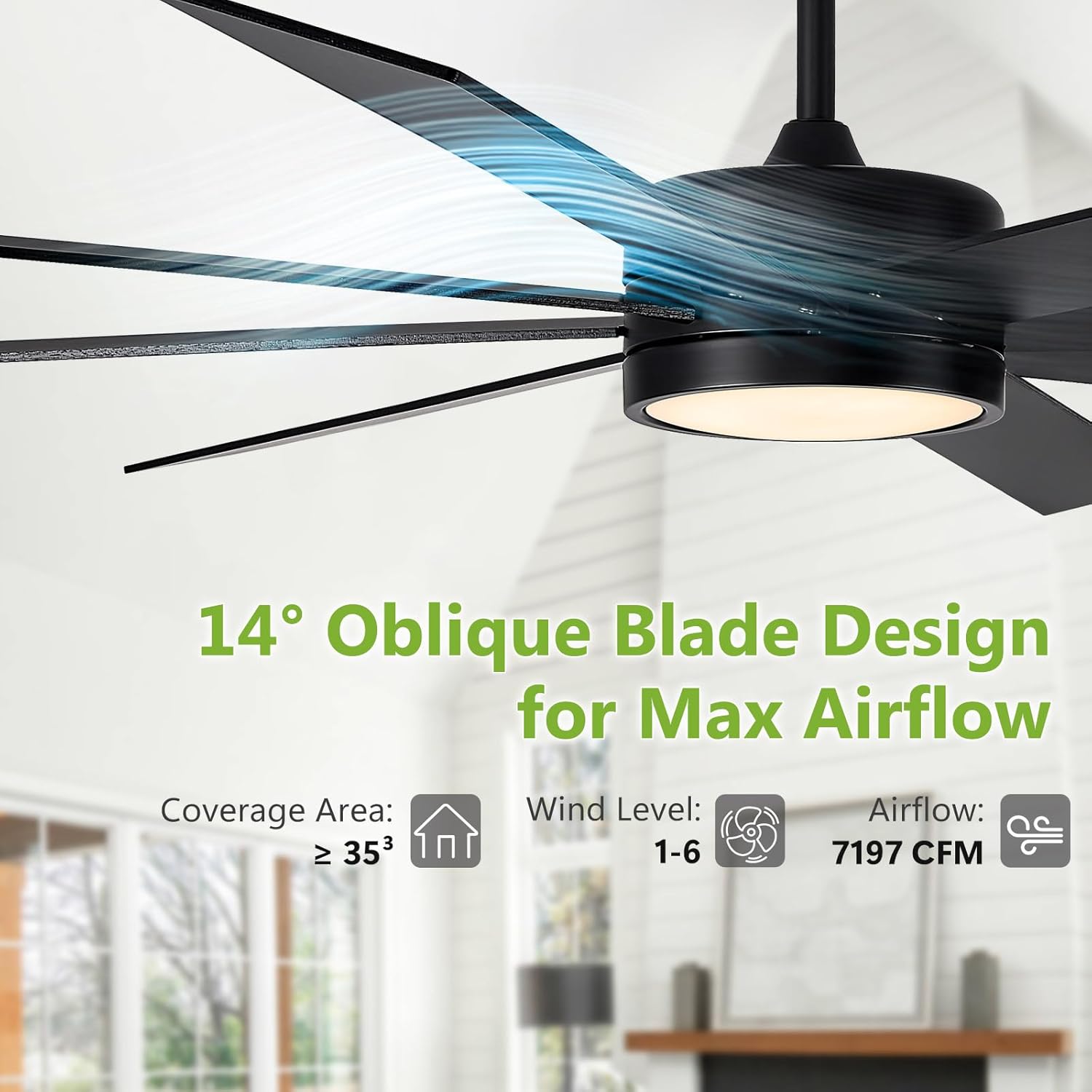 72 Inch Large Ceiling Fans with Lights and Remote Control, Black Outdoor Ceiling Fan with Light High cfm 8 Blades Wood Industrial Large Ceiling Fan for Patio Bedroom Farmhouse, Matte Black