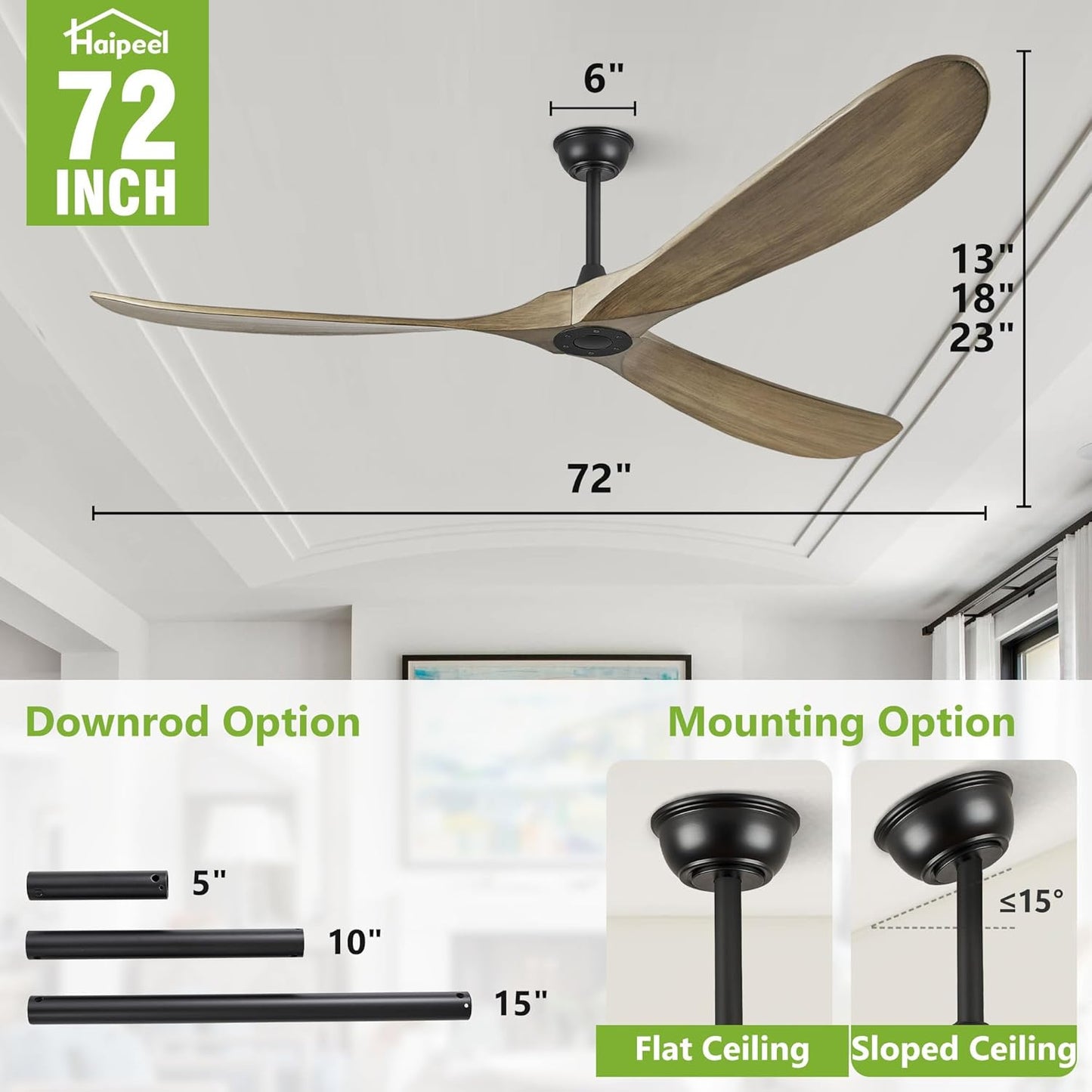 72 Inch Ceiling Fans without Lights, 72" Wood Large Ceiling Fan no Light with Remote Control, Indoor Outdoor Ceiling Fan no Light Propeller for Patios Farmhouse Garage High cfm, Bronze Gray