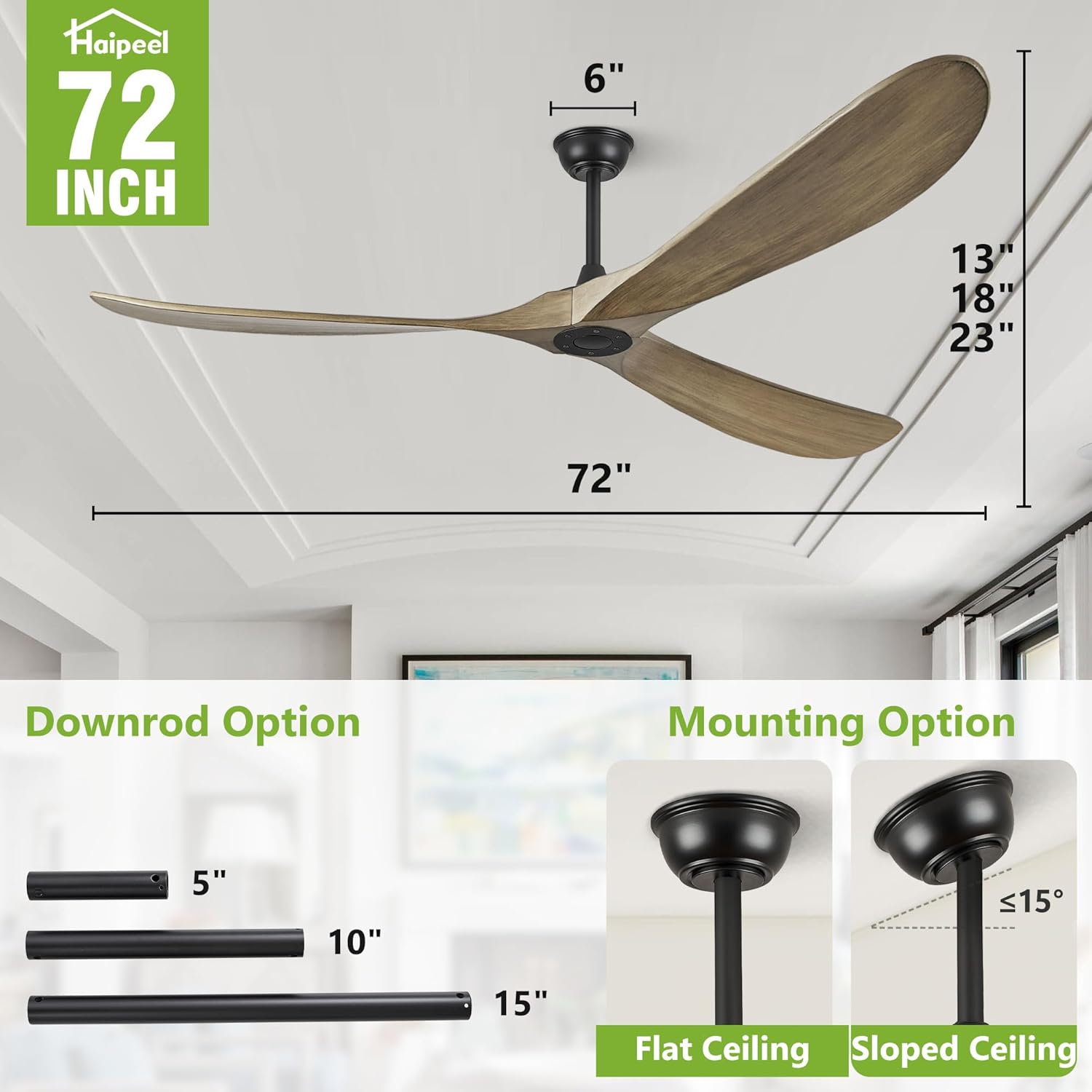 72 Inch Ceiling Fans without Lights, 72" Wood Large Ceiling Fan no Light with Remote Control, Indoor Outdoor Ceiling Fan no Light Propeller for Patios Farmhouse Garage High cfm, Bronze Gray