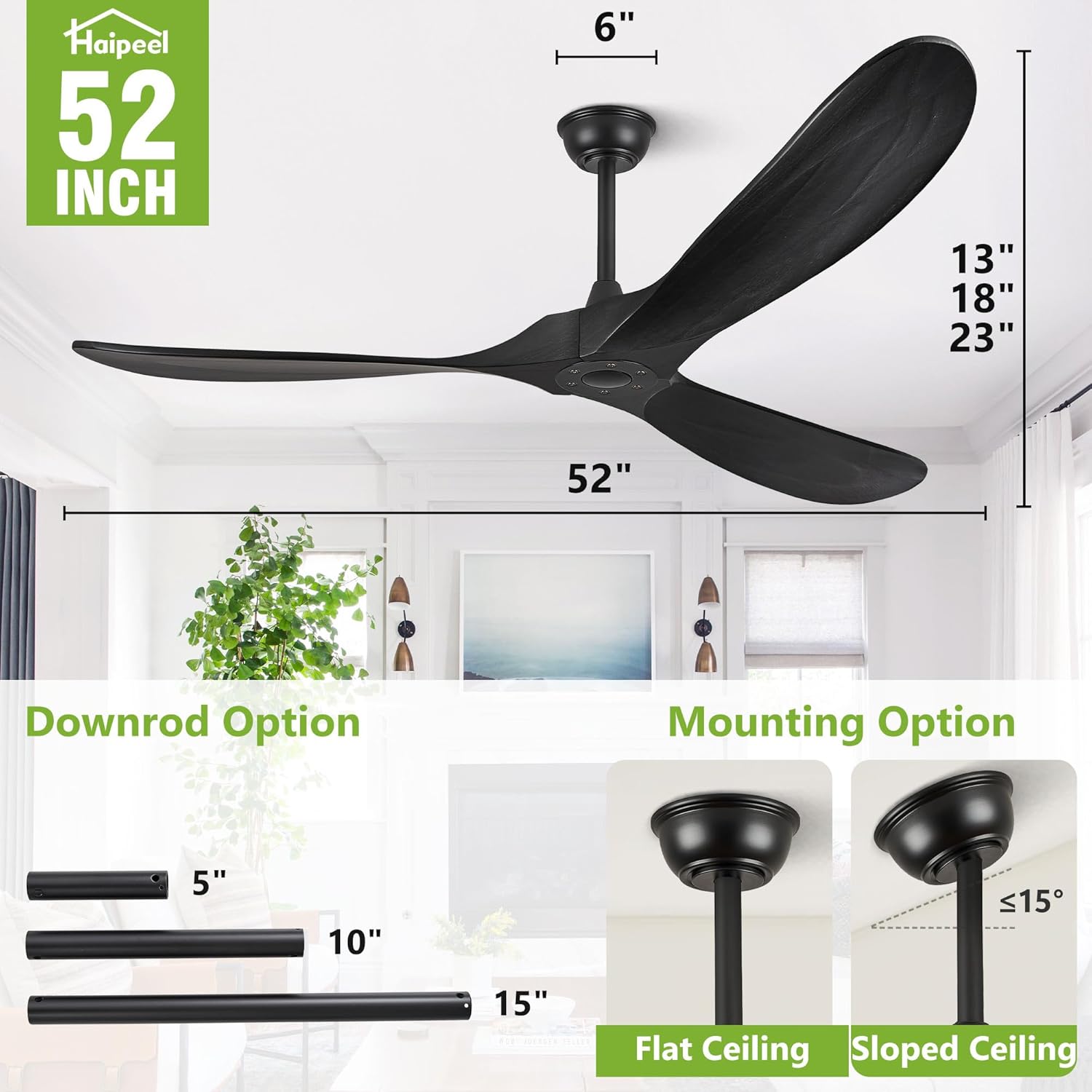 52 Inch Ceiling Fan no Light, Wood Ceiling Fans without Lights with Remote Control, Indoor Outdoor Ceiling Fan for Porch Garage Modern Propeller Black Ceiling Fans 3 Blades, Matte Black