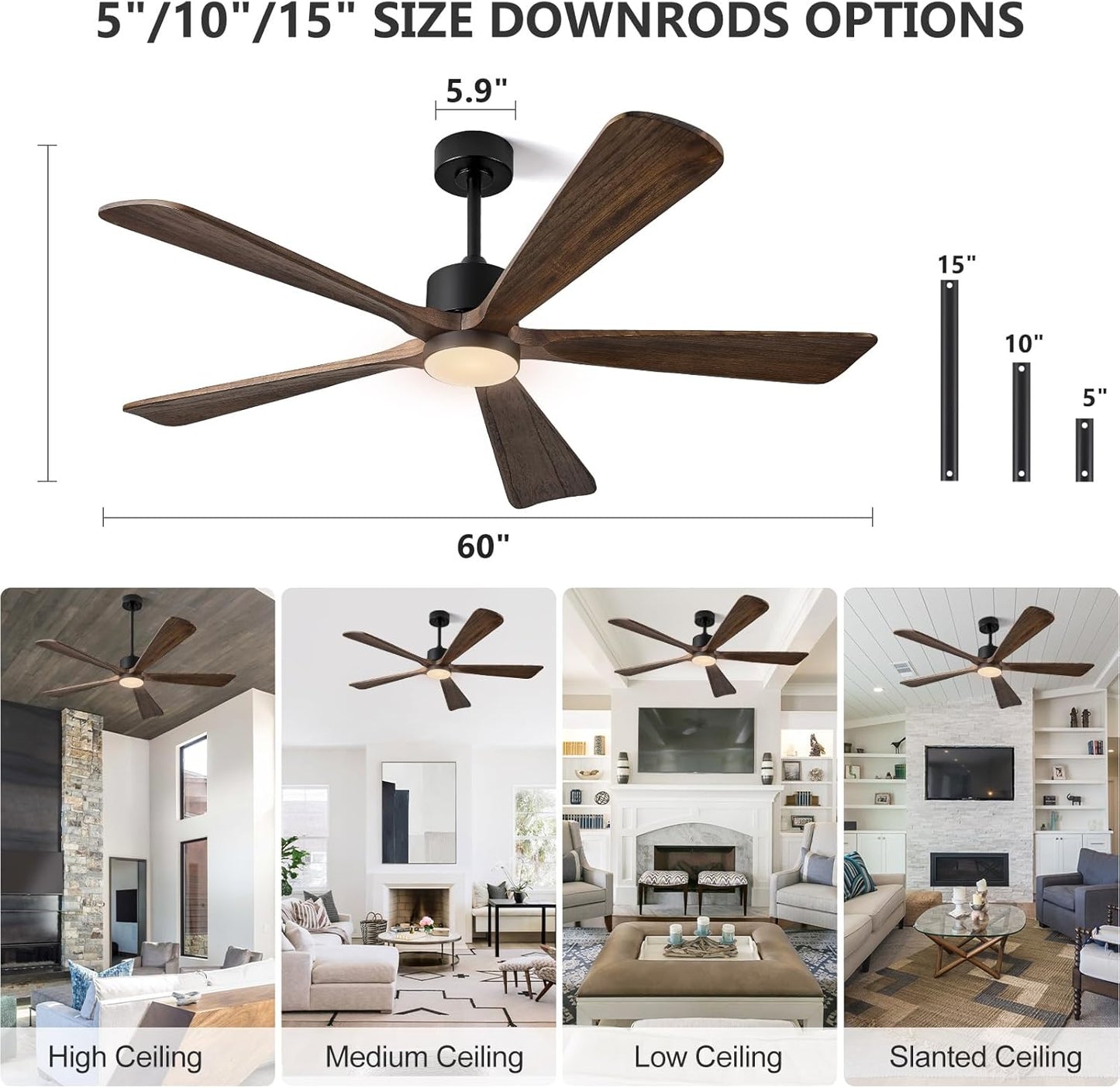 ABZ 5 Blade Ceiling Fans with Lights, 60 inch Outdoor Ceiling Fans with Light and Remote Control for Indoor Patio Bedroom Farmhouse Solid Wood Propeller Modern Ceiling Fan with Light(Deep Brown)