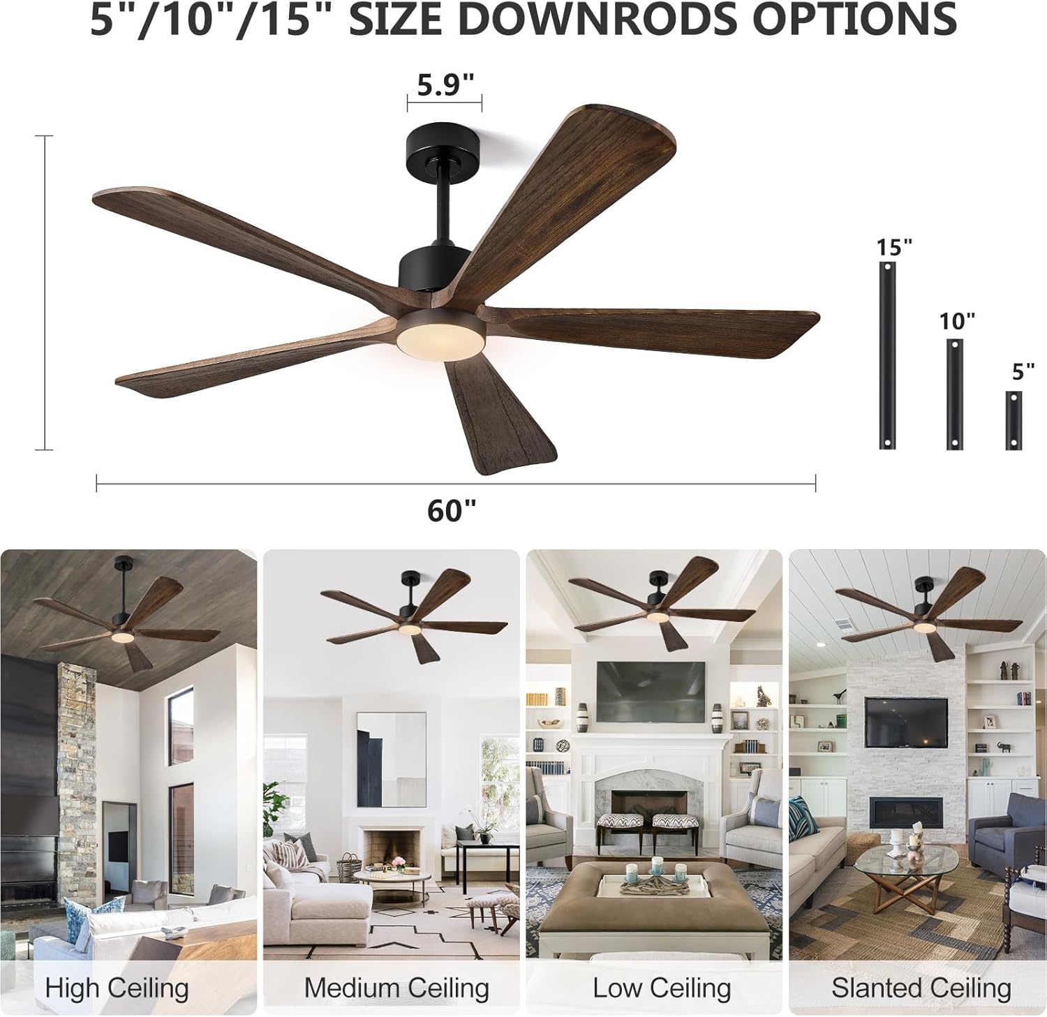 ABZ 5 Blade Ceiling Fans with Lights, 60 inch Outdoor Ceiling Fans with Light and Remote Control for Indoor Patio Bedroom Farmhouse Solid Wood Propeller Modern Ceiling Fan with Light(Deep Brown)