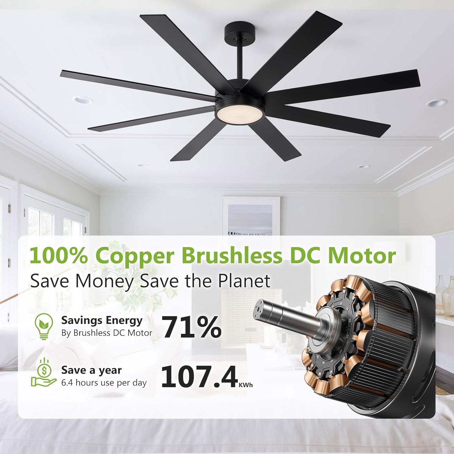 72 Inch Large Ceiling Fans with Lights and Remote Control, Black Outdoor Ceiling Fan with Light High cfm 8 Blades Wood Industrial Large Ceiling Fan for Patio Bedroom Farmhouse, Matte Black