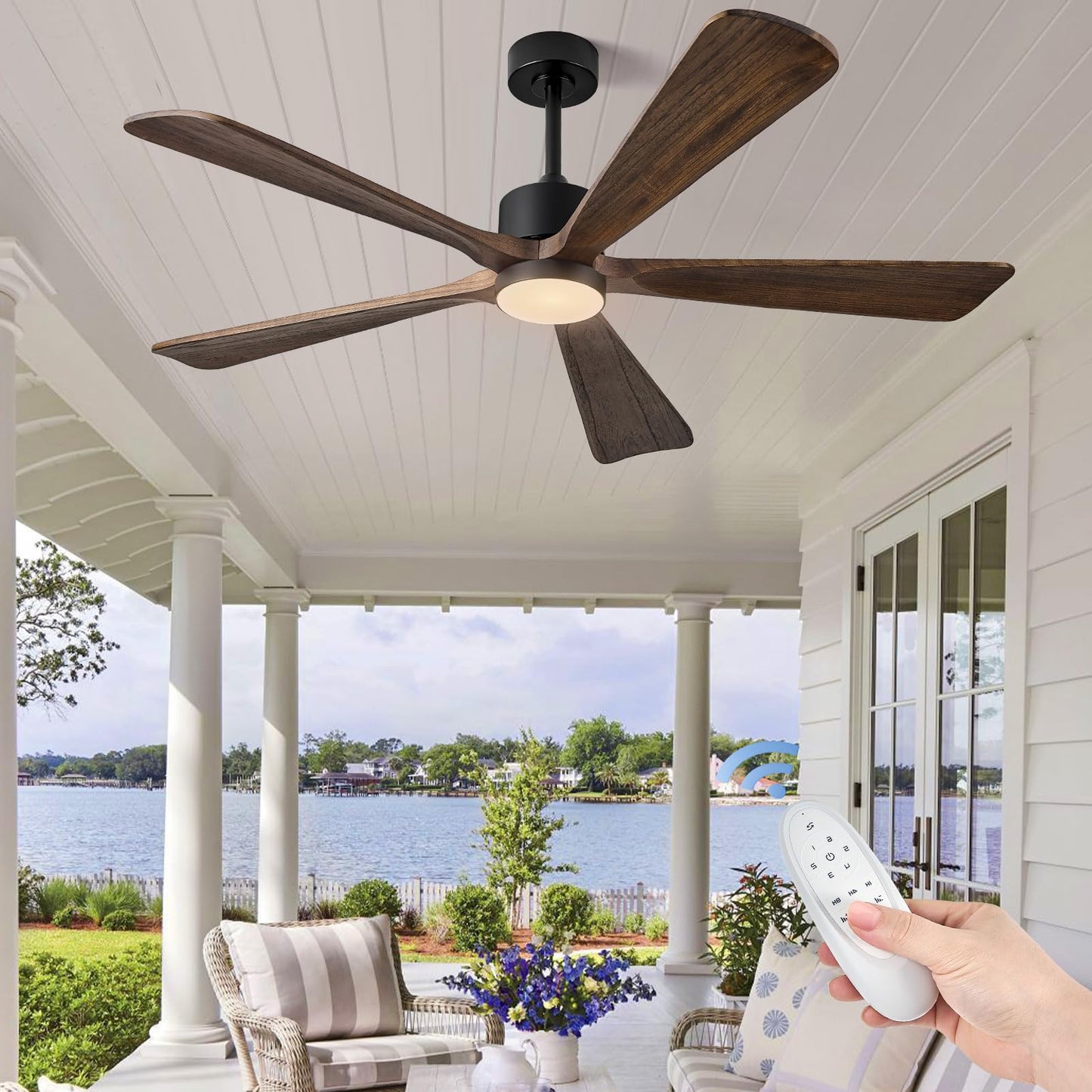 ABZ 5 Blade Ceiling Fans with Lights, 60 inch Outdoor Ceiling Fans with Light and Remote Control for Indoor Patio Bedroom Farmhouse Solid Wood Propeller Modern Ceiling Fan with Light(Deep Brown)