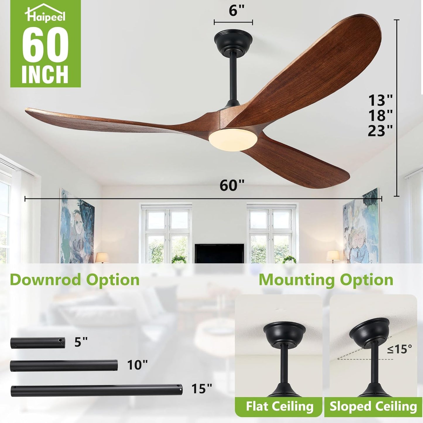 Ceiling Fans with Lights, 60 Inch Solid Wood Propeller Ceiling Fans with Lights and Remote Control Outdoor Ceiling Fan for Patios Indoor Living Room 3 Blades, DC Motor ETL Listed, Dark Walnut