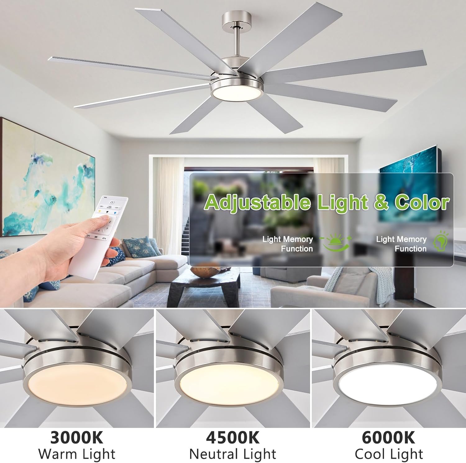 72 Inch Large Ceiling Fans with Lights and Remote Control, 8 Blade Outdoor Ceiling Fan Light for Patios and Porch Modern Industrial Silver, Brushed Nickel