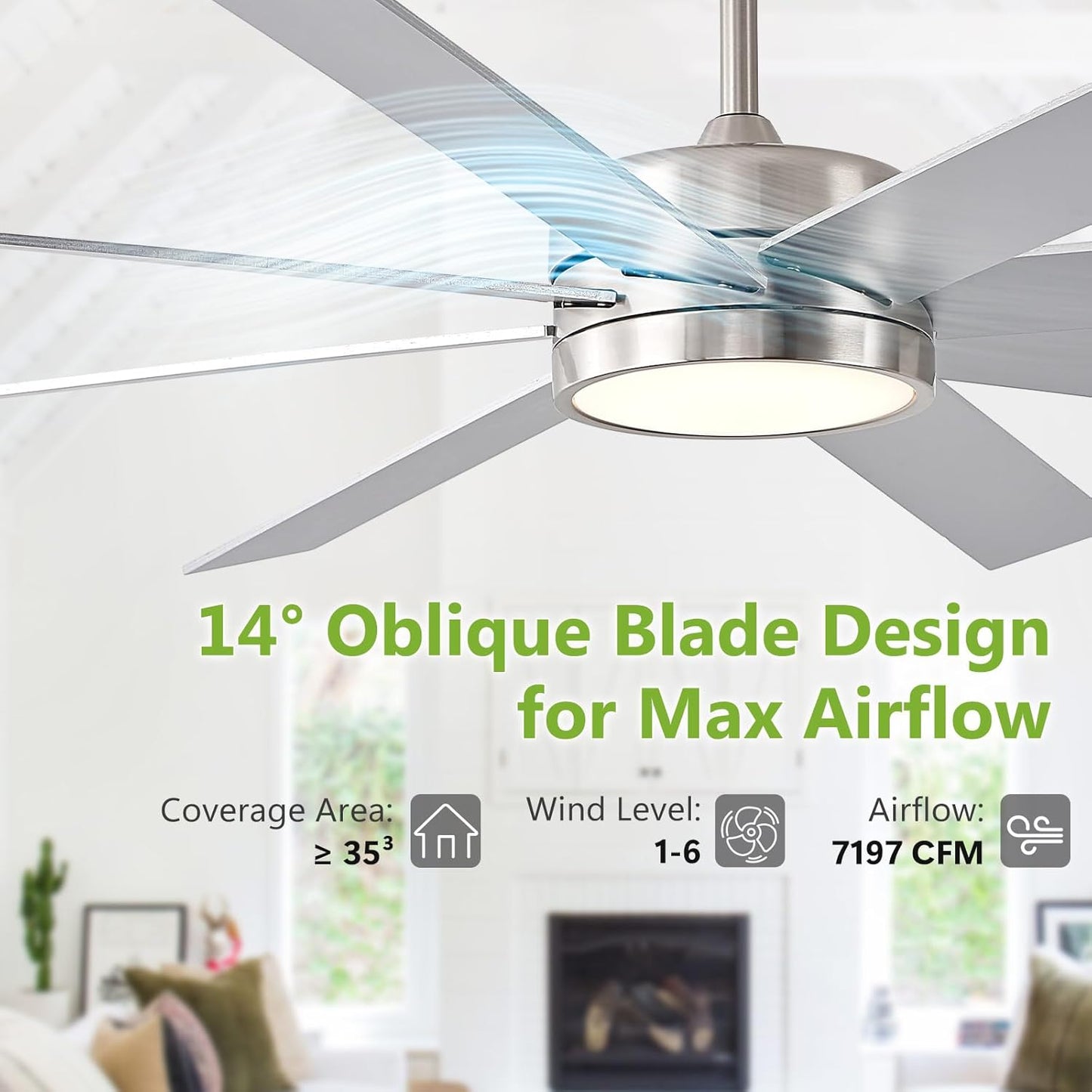 72 Inch Large Ceiling Fans with Lights and Remote Control, 8 Blade Outdoor Ceiling Fan Light for Patios and Porch Modern Industrial Silver, Brushed Nickel