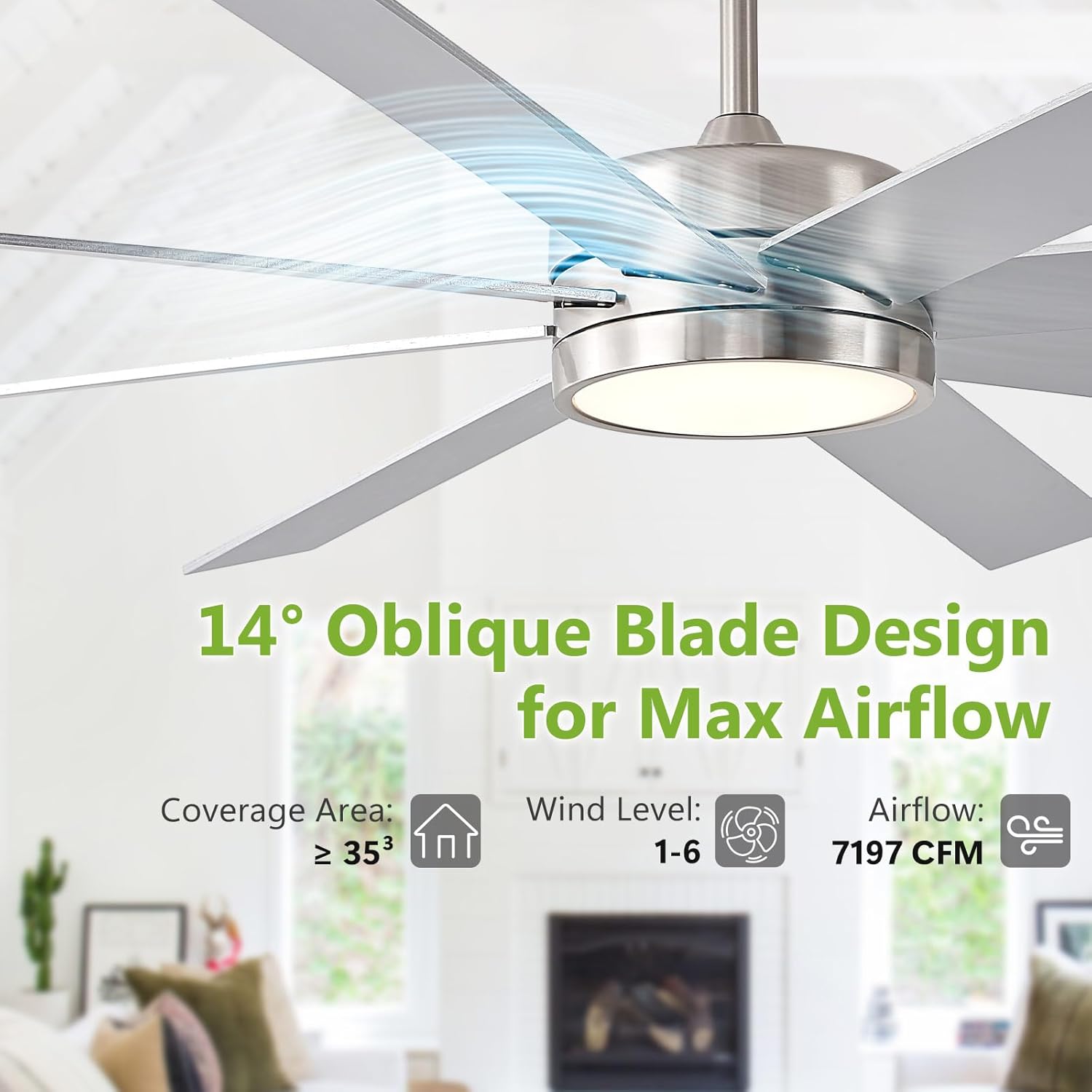 72 Inch Large Ceiling Fans with Lights and Remote Control, 8 Blade Outdoor Ceiling Fan Light for Patios and Porch Modern Industrial Silver, Brushed Nickel