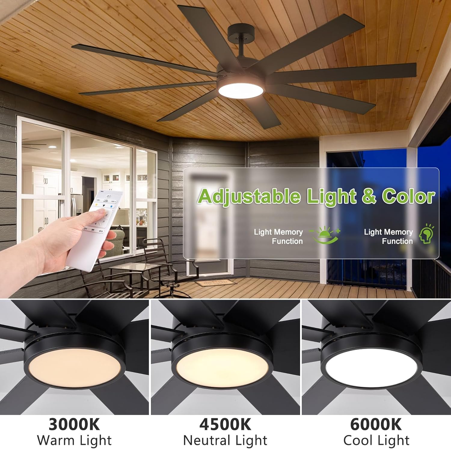 72 Inch Large Ceiling Fans with Lights and Remote Control, Black Outdoor Ceiling Fan with Light High cfm 8 Blades Wood Industrial Large Ceiling Fan for Patio Bedroom Farmhouse, Matte Black
