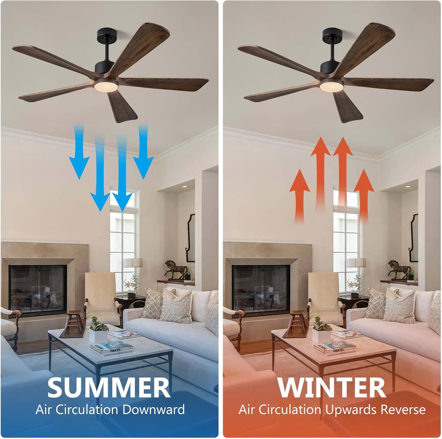 ABZ 5 Blade Ceiling Fans with Lights, 60 inch Outdoor Ceiling Fans with Light and Remote Control for Indoor Patio Bedroom Farmhouse Solid Wood Propeller Modern Ceiling Fan with Light(Deep Brown)