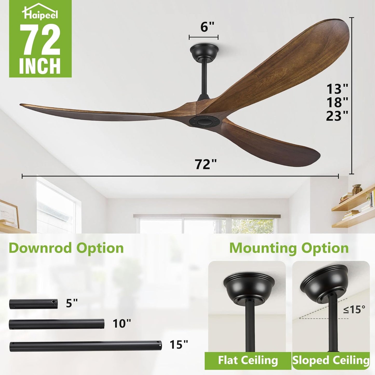 72 Inch Ceiling Fans without Lights, Wood Large Ceiling Fan no Light and Remote Control, Modern Indoor Outdoor Ceiling Fan no Light 3 Blade Propeller for Patios Farmhouse Garage High cfm, Dark Walnut