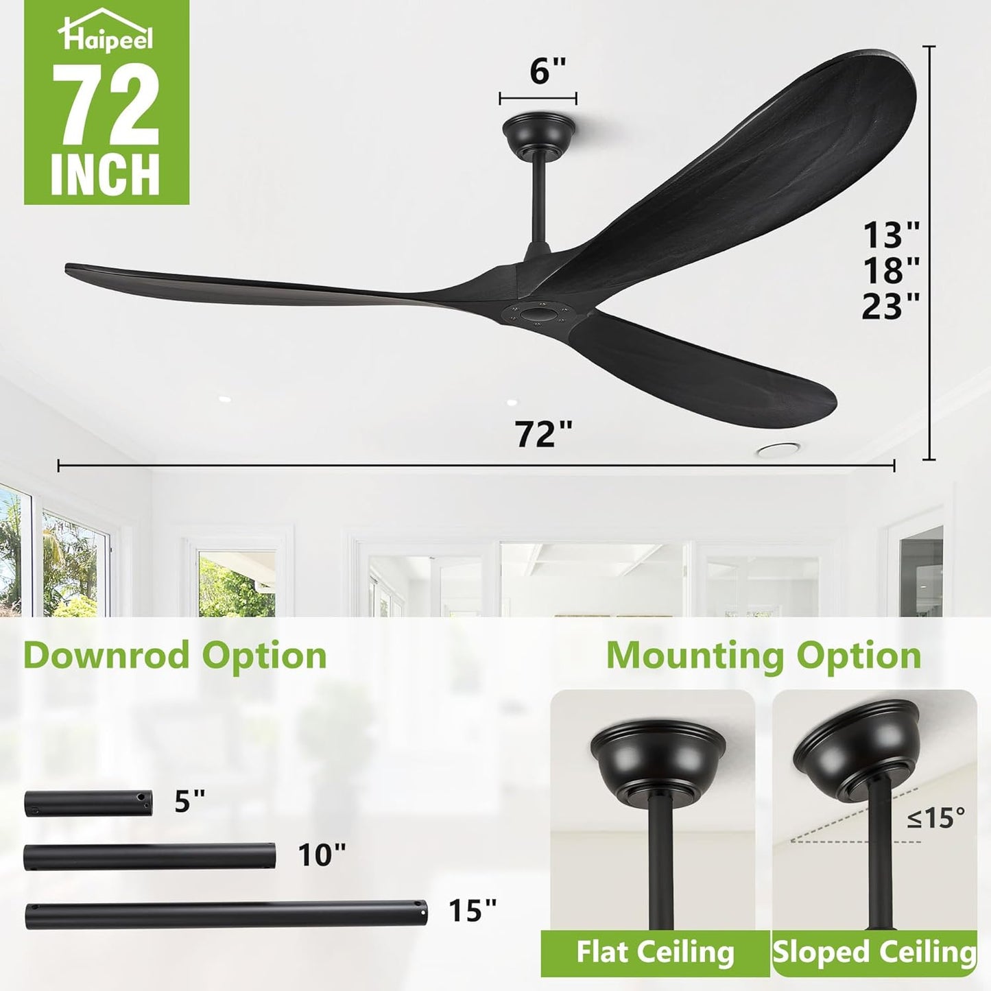 72 Inch Wood Ceiling Fan no Light, Large Ceiling Fans without Lights and Remote Control, Modern Black Indoor Outdoor Ceiling Fan no Light Propeller for Patios Garage High cfm ETL, Matte Black