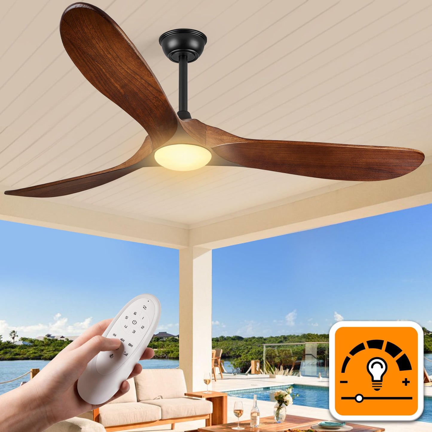 52 Inch Ceiling Fans with Lights and Remote Control, Wood Outdoor Ceiling Fan with Light 3 Blade Modern Black Ceiling Fans Propeller for Patios Porch Garage, ETL Listed DC Motor, Matte Black