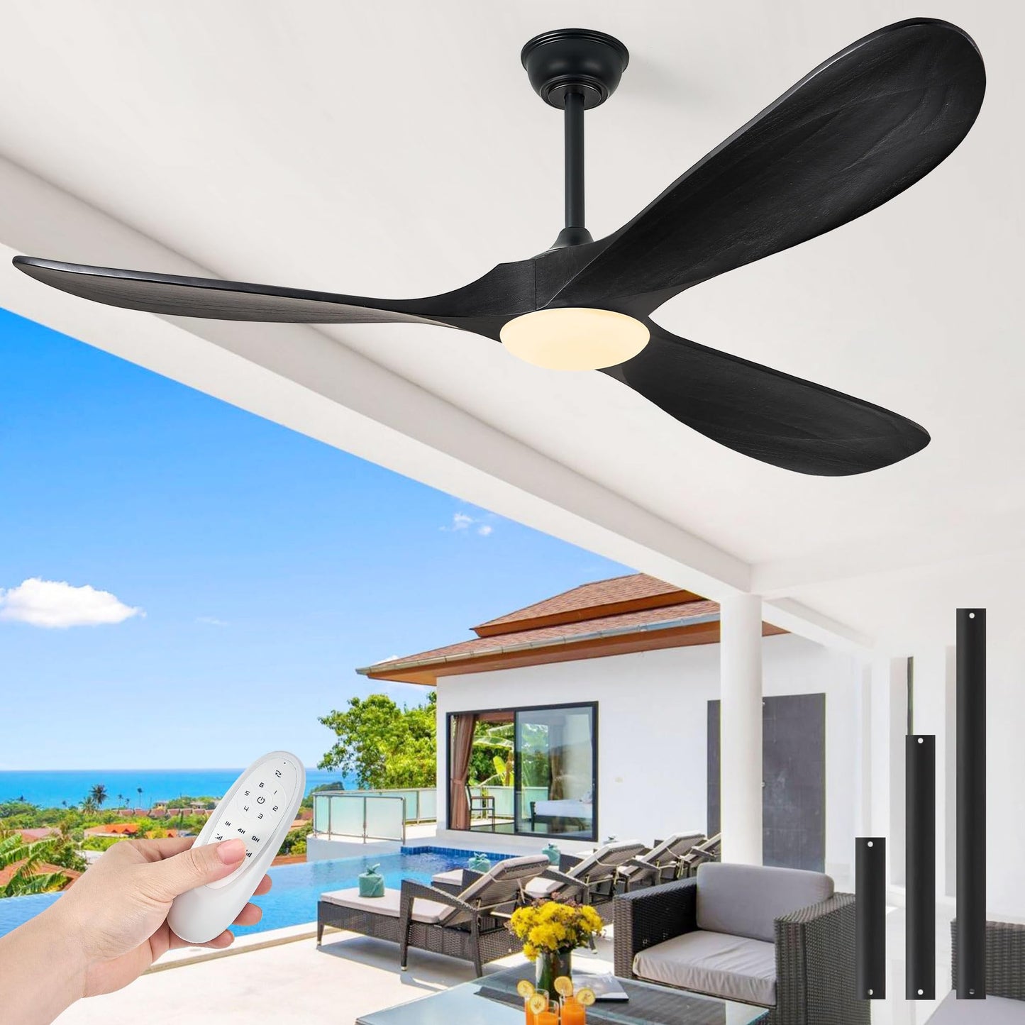 52 Inch Outdoor Ceiling Fans with Lights, Dimmable Solid Wood Ceiling Fan with Light and Remote Control Modern 3 Blades Propeller Ceiling Fans DC Motor for Patios Indoor Bedroom, Dark Walnut