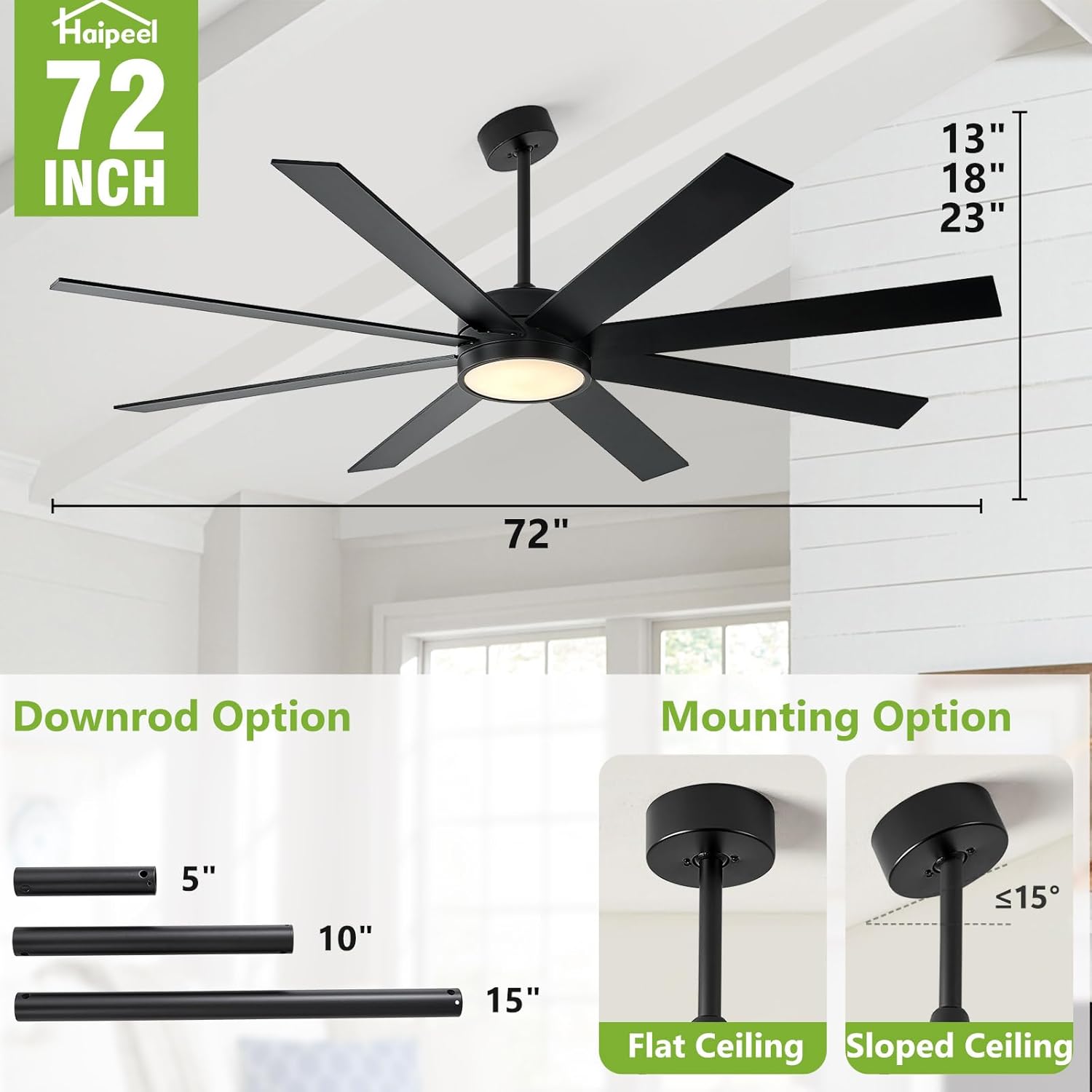 72 Inch Large Ceiling Fans with Lights and Remote Control, Black Outdoor Ceiling Fan with Light High cfm 8 Blades Wood Industrial Large Ceiling Fan for Patio Bedroom Farmhouse, Matte Black