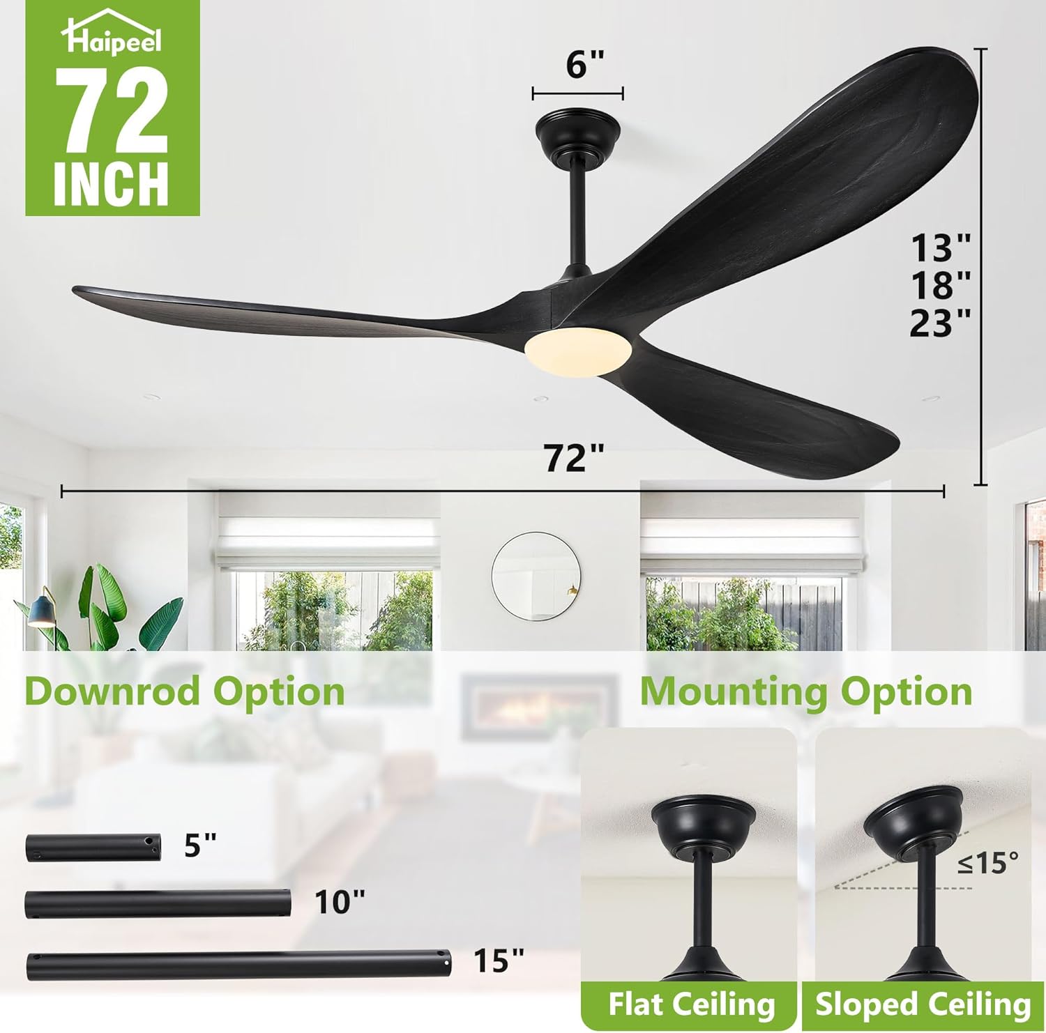 72 Inch Wood Ceiling Fans with Lights and Remote Control, Outdoor Ceiling Fan with Light Solid Wood Modern Black Large Ceiling Fans Propeller Indoor Patios Garage Bedroom High cfm, Matte Black