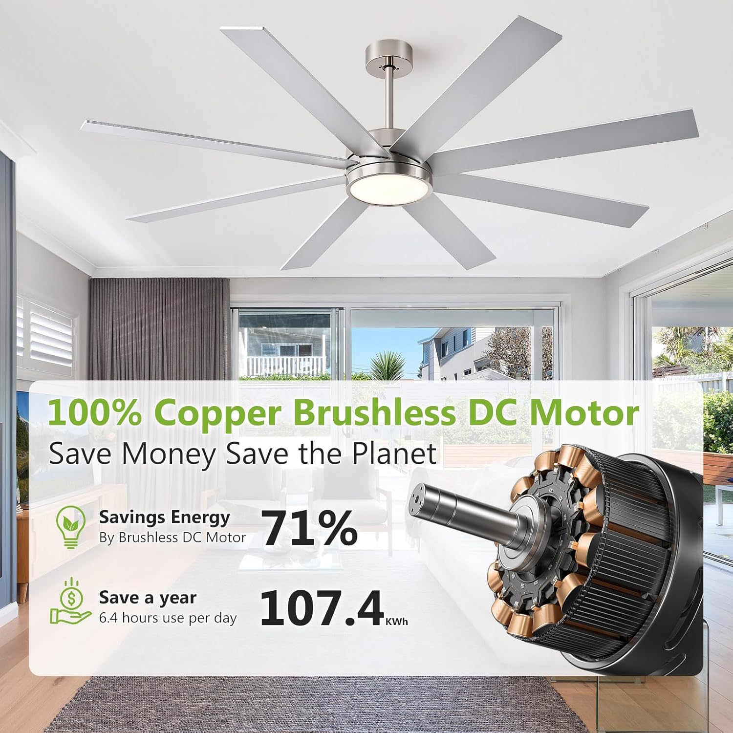 72 Inch Large Ceiling Fans with Lights and Remote Control, 8 Blade Outdoor Ceiling Fan Light for Patios and Porch Modern Industrial Silver, Brushed Nickel