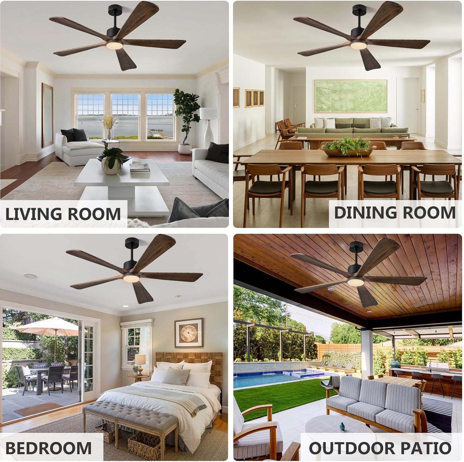 ABZ 5 Blade Ceiling Fans with Lights, 60 inch Outdoor Ceiling Fans with Light and Remote Control for Indoor Patio Bedroom Farmhouse Solid Wood Propeller Modern Ceiling Fan with Light(Deep Brown)