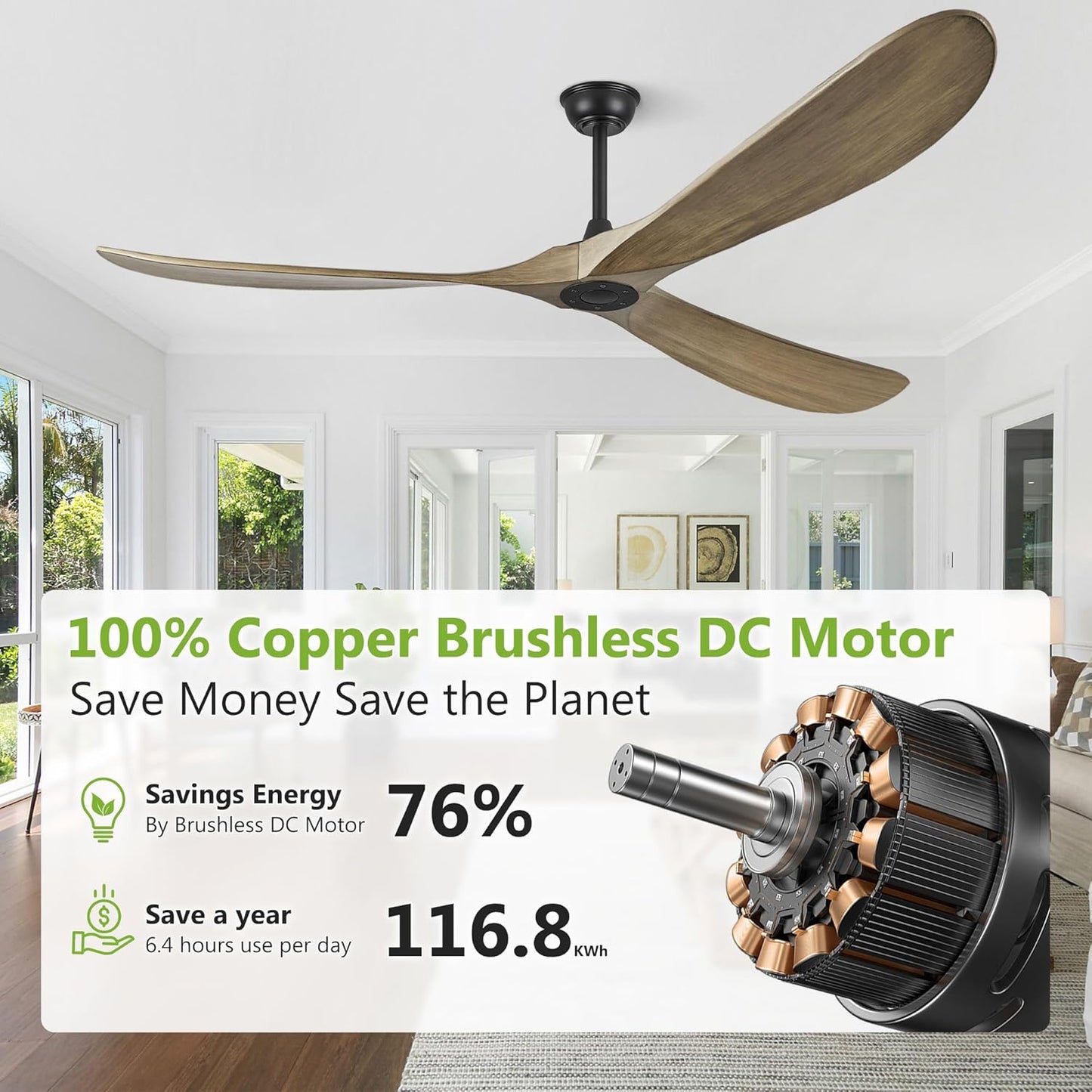 72 Inch Ceiling Fans without Lights, 72" Wood Large Ceiling Fan no Light with Remote Control, Indoor Outdoor Ceiling Fan no Light Propeller for Patios Farmhouse Garage High cfm, Bronze Gray