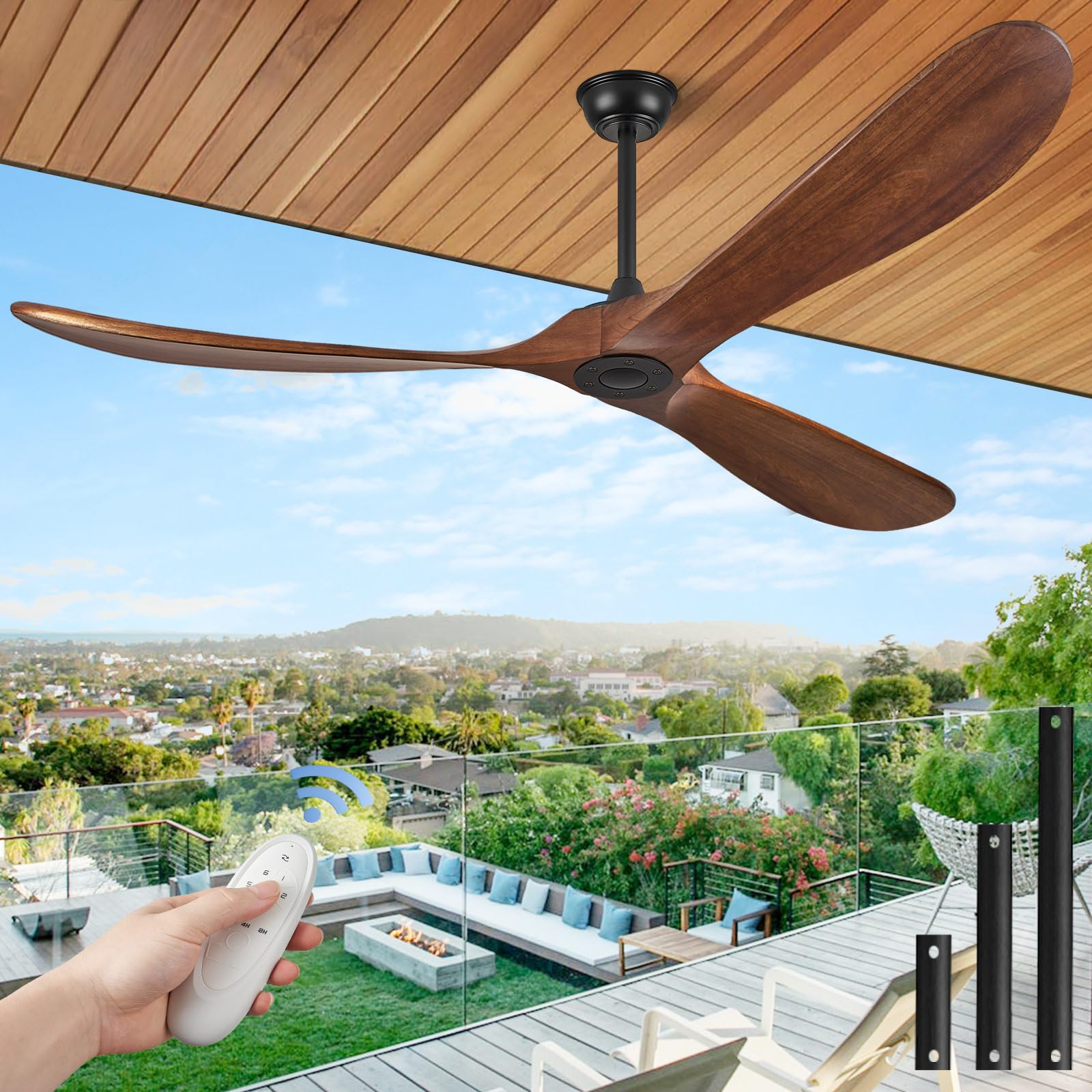 ABZ Ceiling Fan without Light - 84 inch Solid Wood Blades Ceiling Fan no Light with Remote Control for Outdoor Indoor Patio Bedroom Living Room Farmhouse, Silver & Walnut