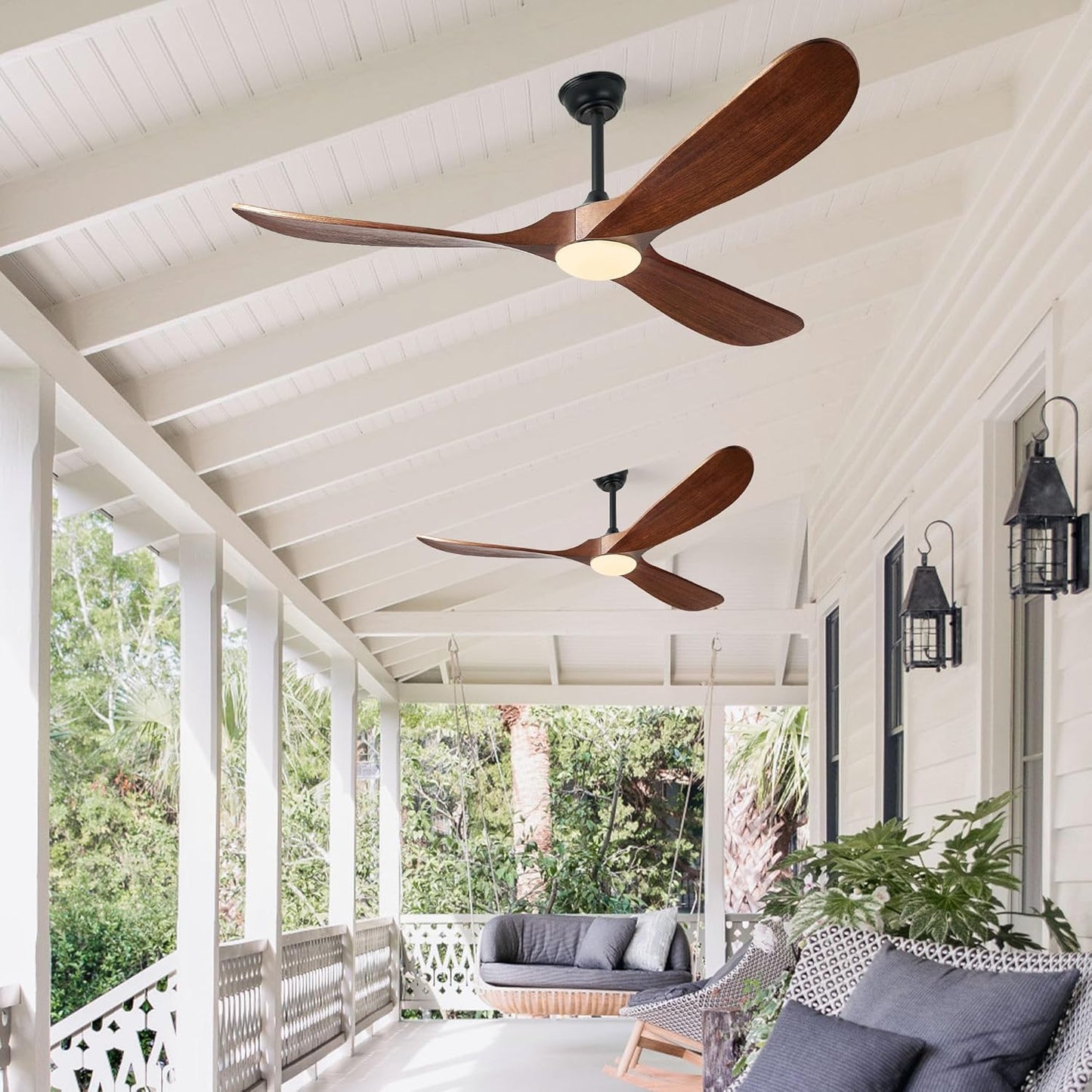 Ceiling Fans with Lights, 60 Inch Solid Wood Propeller Ceiling Fans with Lights and Remote Control Outdoor Ceiling Fan for Patios Indoor Living Room 3 Blades, DC Motor ETL Listed, Dark Walnut