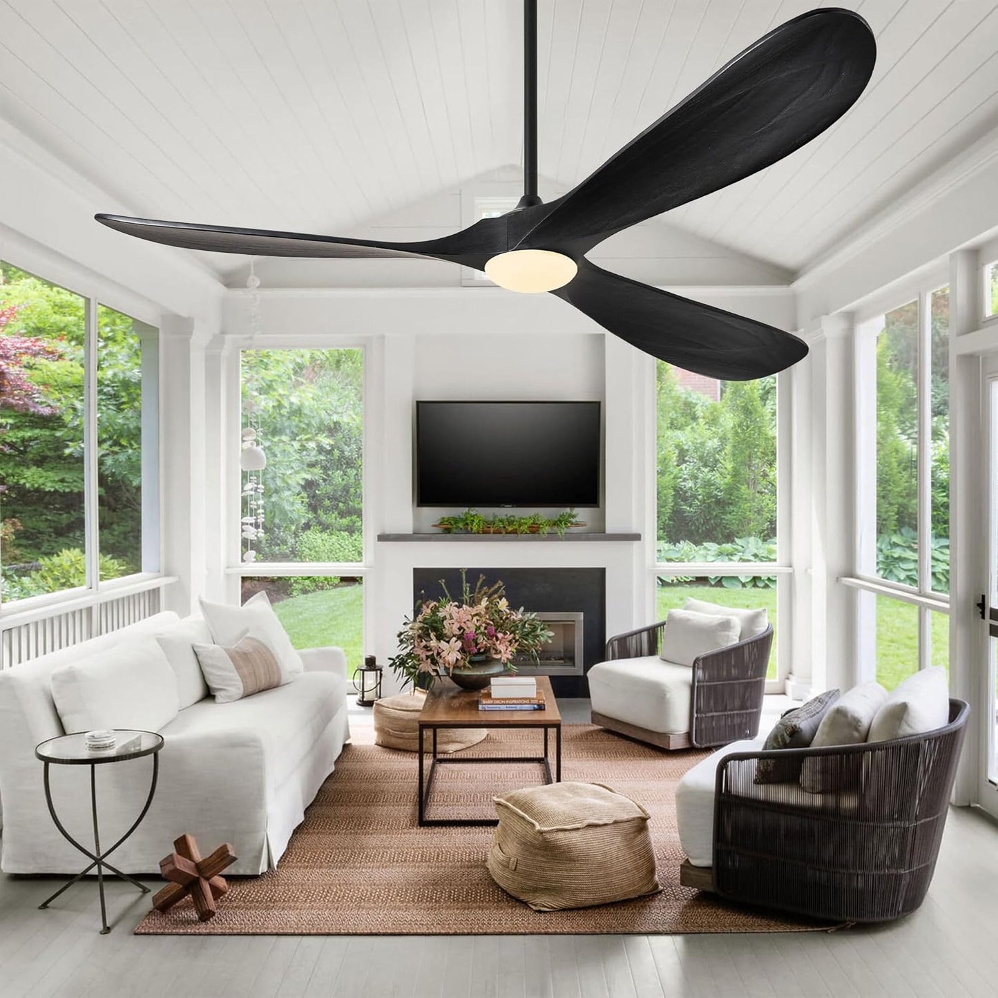 72 Inch Wood Ceiling Fans with Lights and Remote Control, Outdoor Ceiling Fan with Light Solid Wood Modern Black Large Ceiling Fans Propeller Indoor Patios Garage Bedroom High cfm, Matte Black