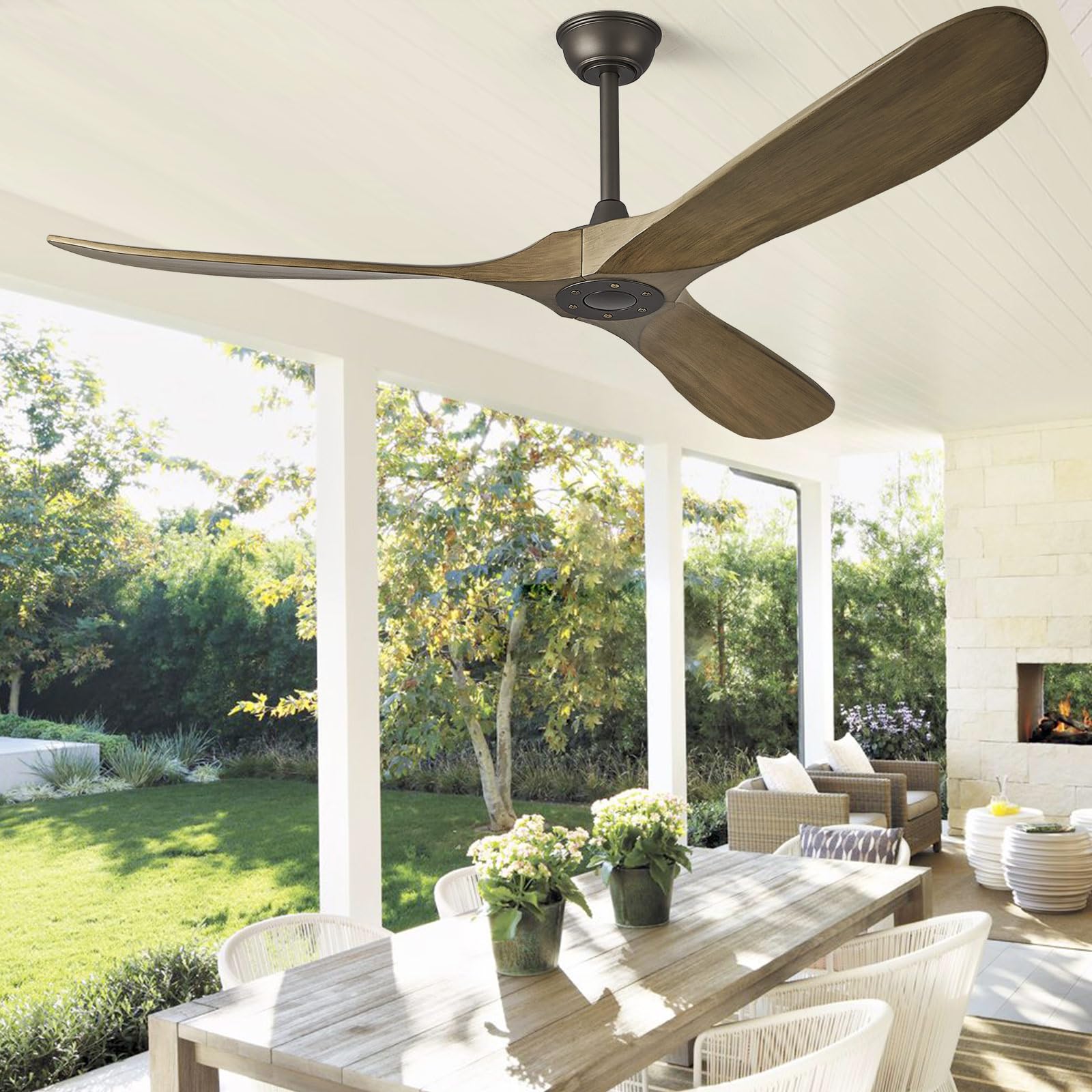ABZ Ceiling Fan without Light - 84 inch Solid Wood Blades Ceiling Fan no Light with Remote Control for Outdoor Indoor Patio Bedroom Living Room Farmhouse, Silver & Walnut