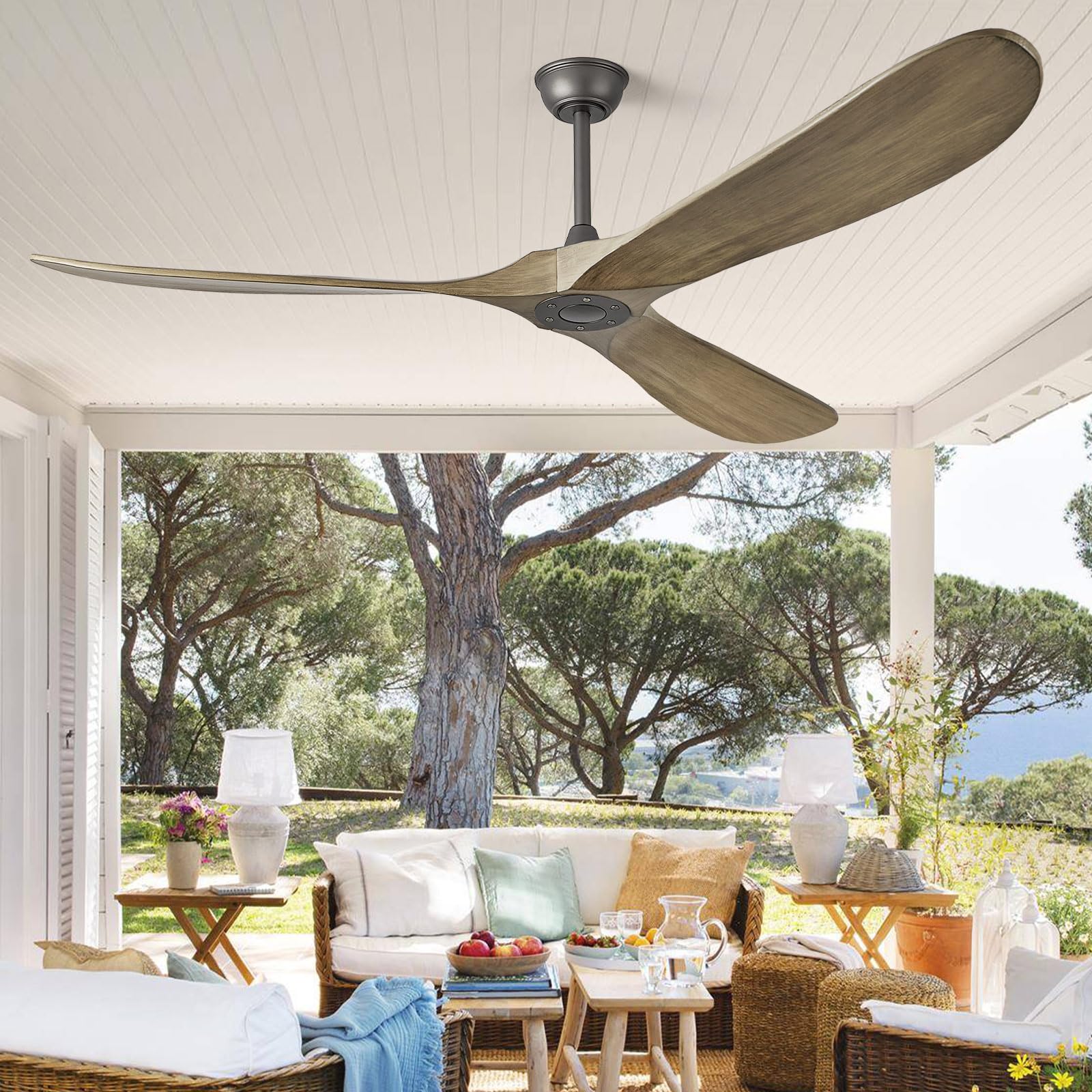 ABZ Ceiling Fan without Light - 84 inch Solid Wood Blades Ceiling Fan no Light with Remote Control for Outdoor Indoor Patio Bedroom Living Room Farmhouse, Silver & Walnut