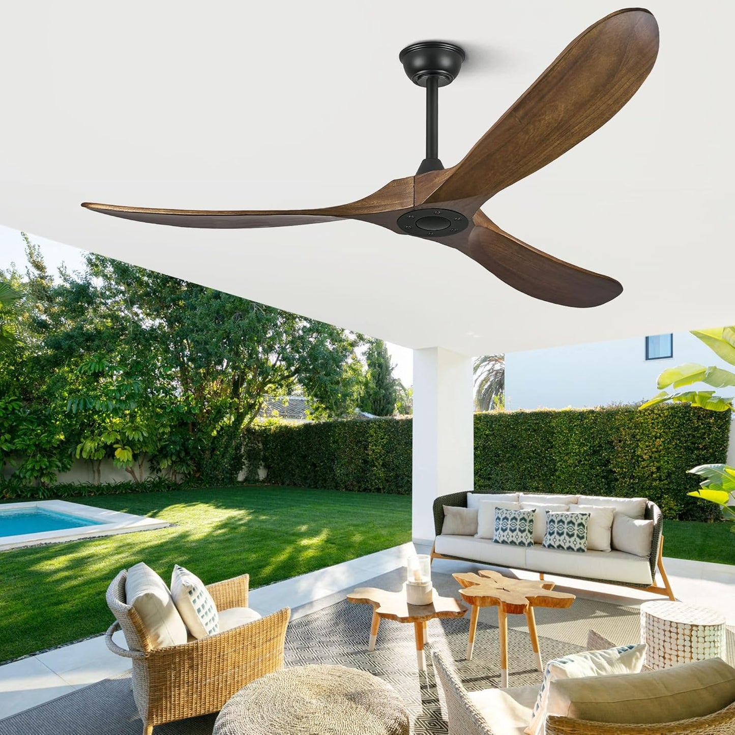52 Inch Ceiling Fans Without Lights, Wood Ceiling Fan no Light with Remote Control and DC Motor, Indoor Outdoor Ceiling Fan for Patios Living Room Propeller Ceiling Fans 3 Blade, Dark Walnut