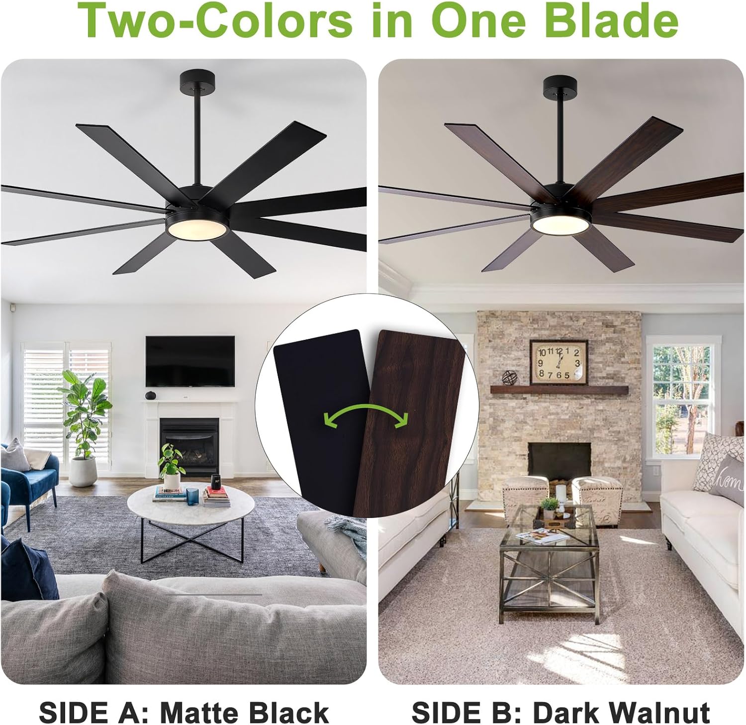 72 Inch Large Ceiling Fans with Lights and Remote Control, Black Outdoor Ceiling Fan with Light High cfm 8 Blades Wood Industrial Large Ceiling Fan for Patio Bedroom Farmhouse, Matte Black