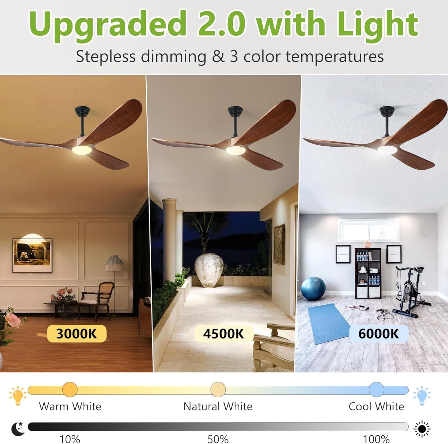Ceiling Fans with Lights, 60 Inch Solid Wood Propeller Ceiling Fans with Lights and Remote Control Outdoor Ceiling Fan for Patios Indoor Living Room 3 Blades, DC Motor ETL Listed, Dark Walnut