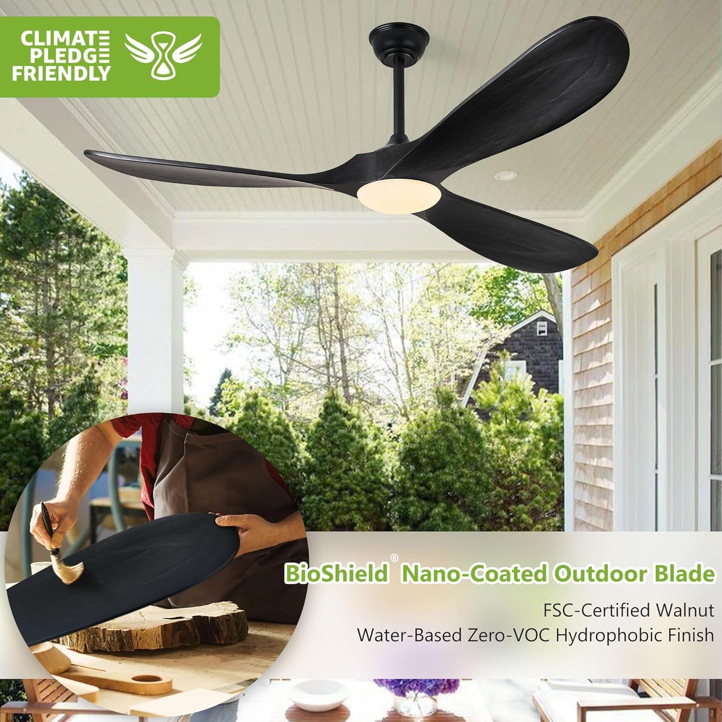 52 Inch Ceiling Fans with Lights and Remote Control, Wood Outdoor Ceiling Fan with Light 3 Blade Modern Black Ceiling Fans Propeller for Patios Porch Garage, ETL Listed DC Motor, Matte Black