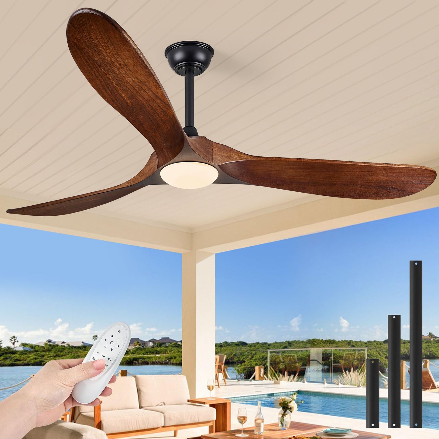 52 Inch Outdoor Ceiling Fans with Lights, Dimmable Solid Wood Ceiling Fan with Light and Remote Control Modern 3 Blades Propeller Ceiling Fans DC Motor for Patios Indoor Bedroom, Dark Walnut