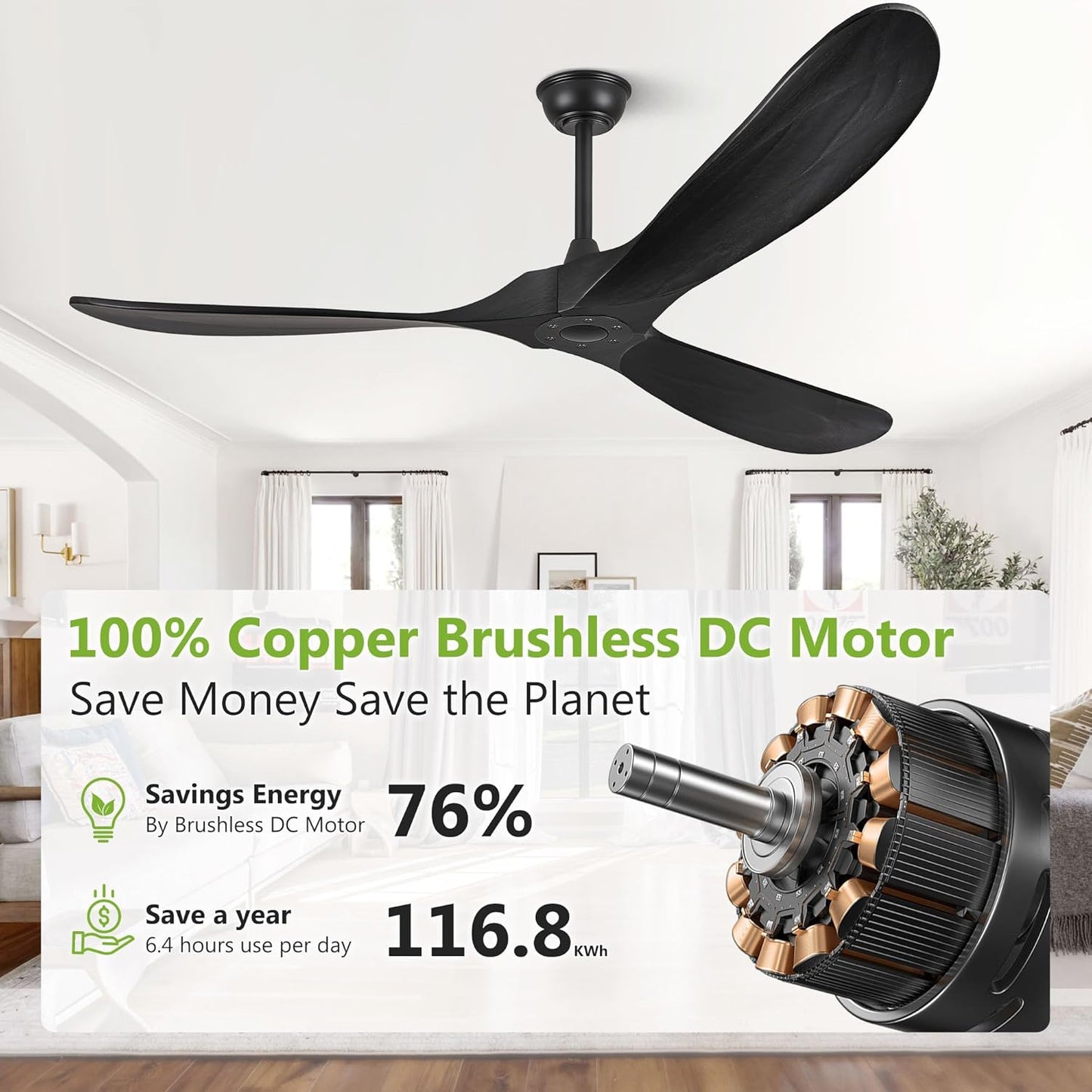 52 Inch Ceiling Fan no Light, Wood Ceiling Fans without Lights with Remote Control, Indoor Outdoor Ceiling Fan for Porch Garage Modern Propeller Black Ceiling Fans 3 Blades, Matte Black