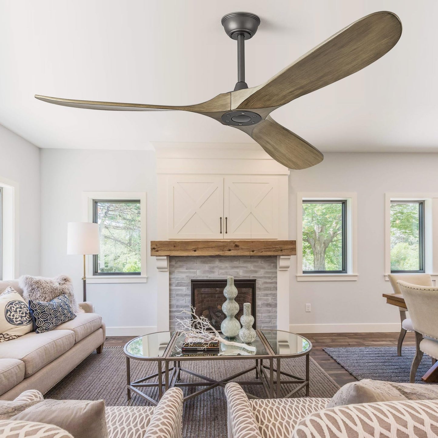 ABZ Ceiling Fan without Light - 84 inch Solid Wood Blades Ceiling Fan no Light with Remote Control for Outdoor Indoor Patio Bedroom Living Room Farmhouse, Silver & Walnut