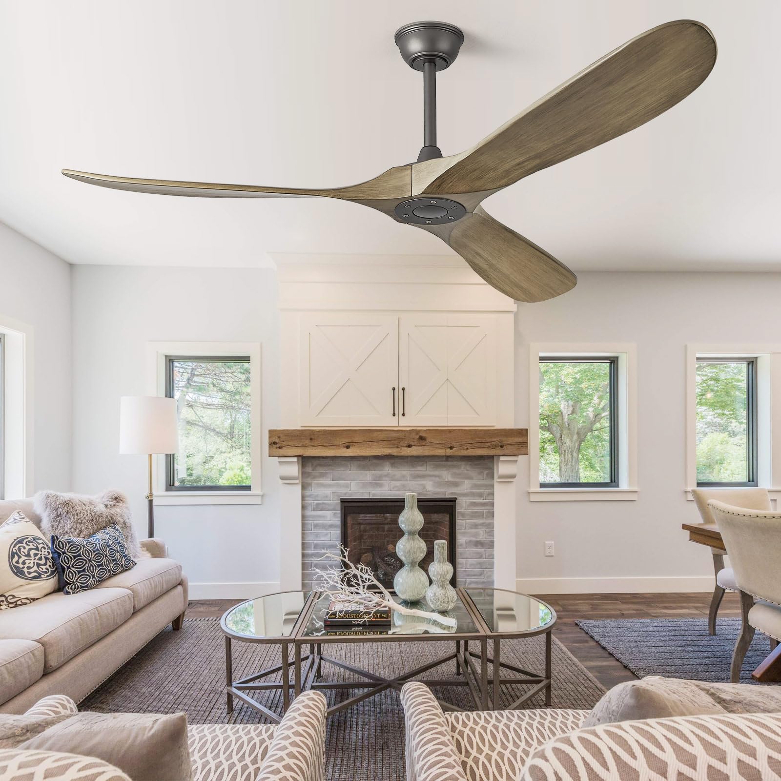 ABZ Ceiling Fan without Light - 84 inch Solid Wood Blades Ceiling Fan no Light with Remote Control for Outdoor Indoor Patio Bedroom Living Room Farmhouse, Silver & Walnut