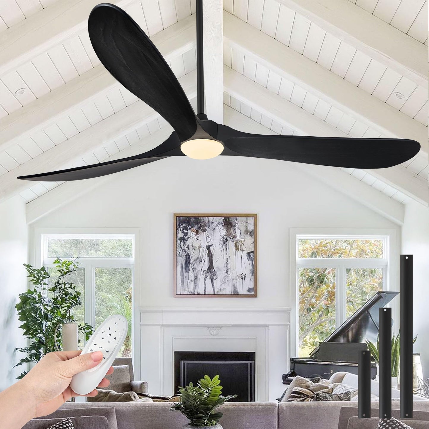 52 Inch Outdoor Ceiling Fans with Lights, Dimmable Solid Wood Ceiling Fan with Light and Remote Control Modern 3 Blades Propeller Ceiling Fans DC Motor for Patios Indoor Bedroom, Dark Walnut