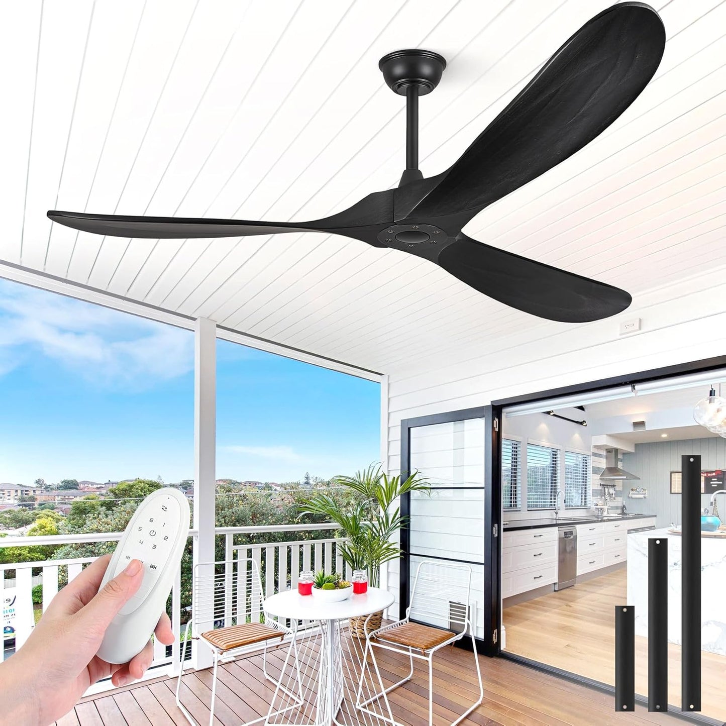 52 Inch Ceiling Fan no Light, Wood Ceiling Fans without Lights with Remote Control, Indoor Outdoor Ceiling Fan for Porch Garage Modern Propeller Black Ceiling Fans 3 Blades, Matte Black