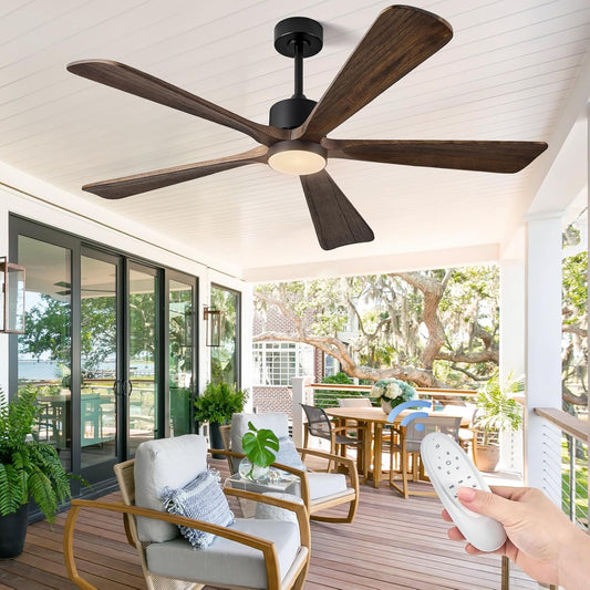 ABZ 5 Blade Ceiling Fans with Lights, 60 inch Outdoor Ceiling Fans with Light and Remote Control for Indoor Patio Bedroom Farmhouse Solid Wood Propeller Modern Ceiling Fan with Light(Deep Brown)