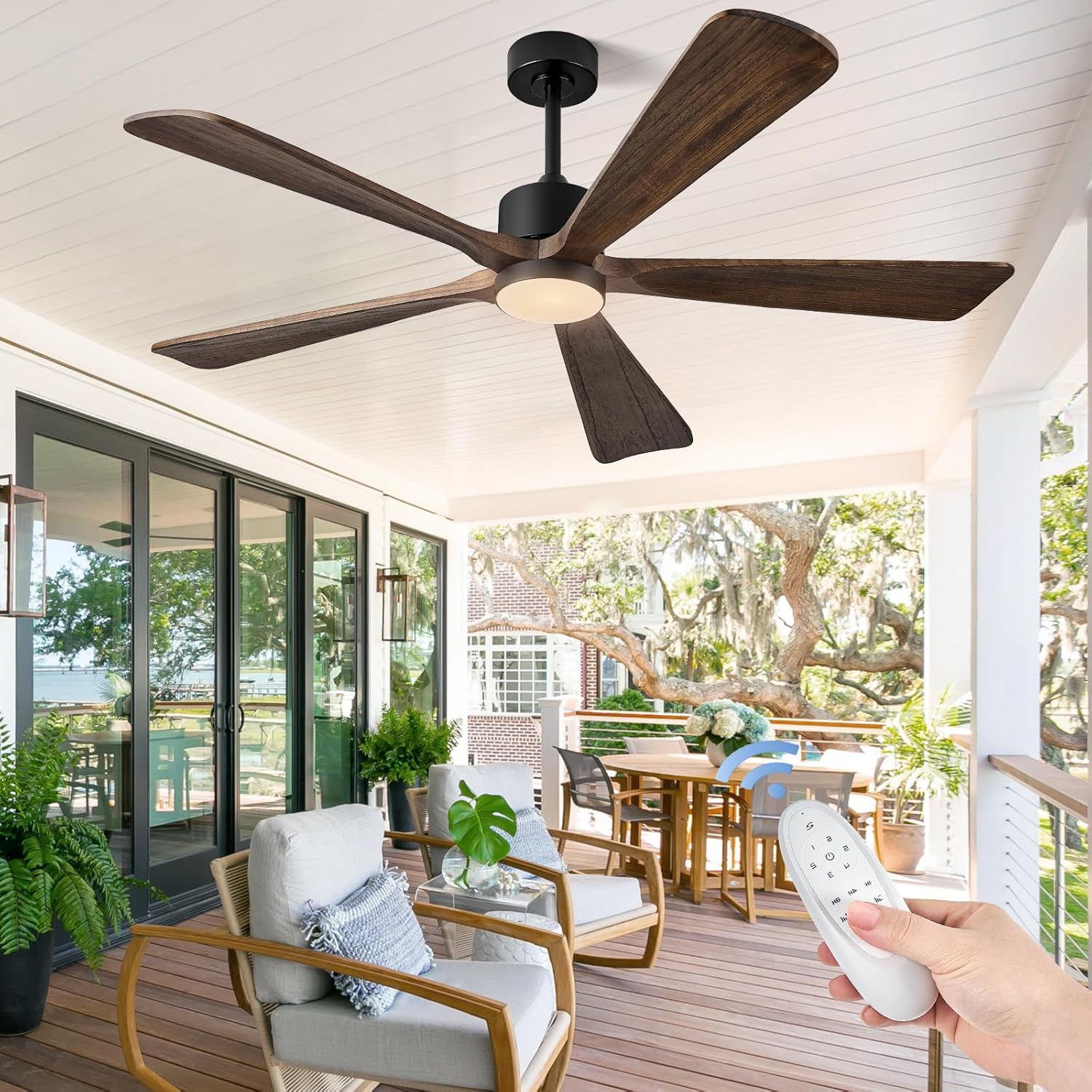 ABZ 5 Blade Ceiling Fans with Lights, 60 inch Outdoor Ceiling Fans with Light and Remote Control for Indoor Patio Bedroom Farmhouse Solid Wood Propeller Modern Ceiling Fan with Light(Deep Brown)