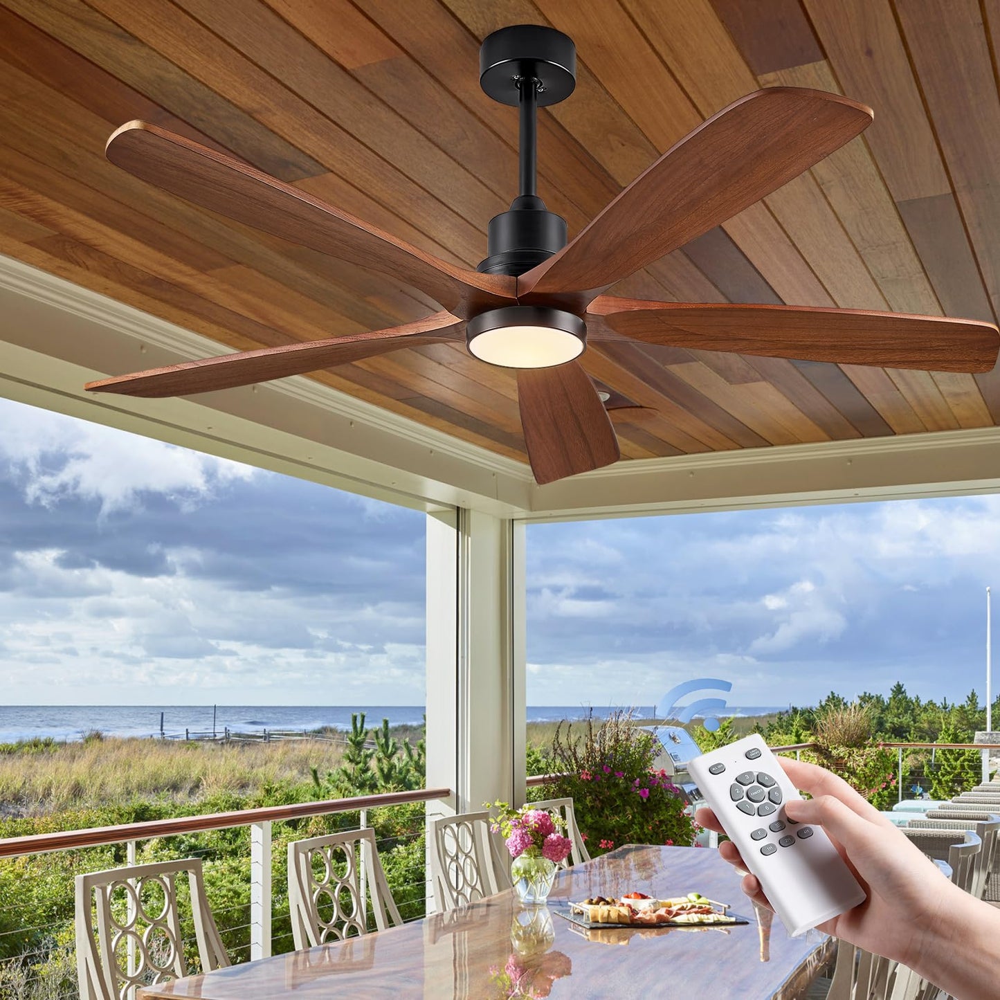 ABZ 5 Blade Ceiling Fans with Lights, 60 inch Outdoor Ceiling Fans with Light and Remote Control for Indoor Patio Bedroom Farmhouse Solid Wood Propeller Modern Ceiling Fan with Light(Deep Brown)