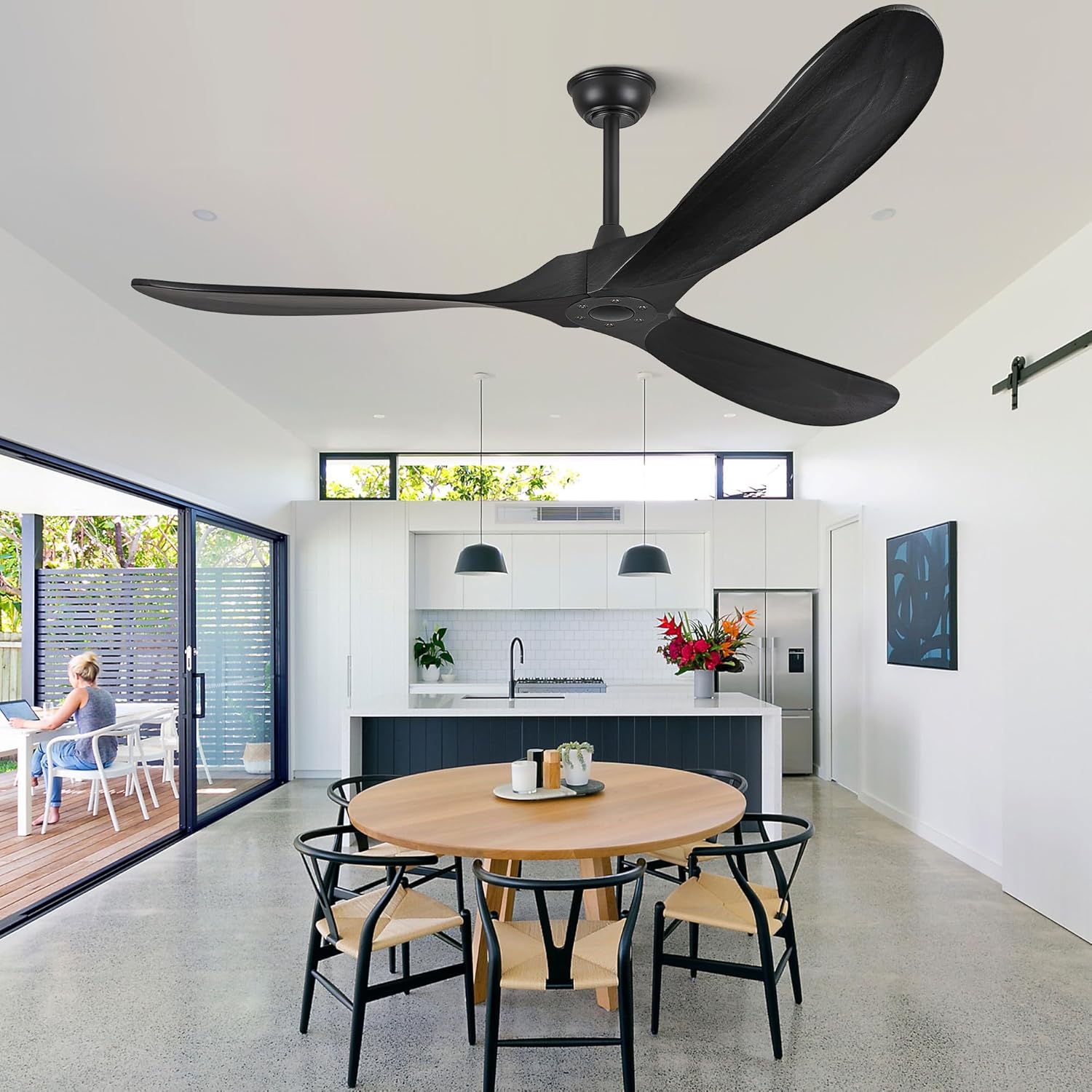 52 Inch Ceiling Fan no Light, Wood Ceiling Fans without Lights with Remote Control, Indoor Outdoor Ceiling Fan for Porch Garage Modern Propeller Black Ceiling Fans 3 Blades, Matte Black