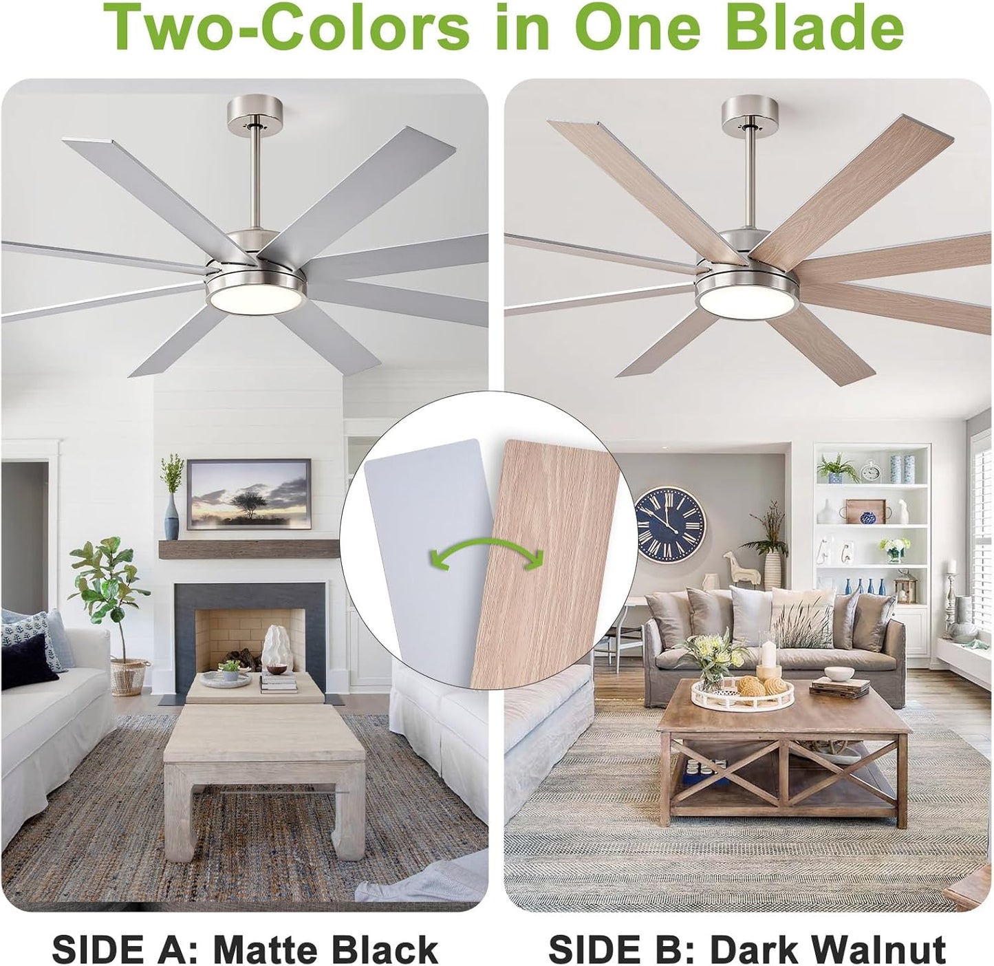 72 Inch Large Ceiling Fans with Lights and Remote Control, 8 Blade Outdoor Ceiling Fan Light for Patios and Porch Modern Industrial Silver, Brushed Nickel