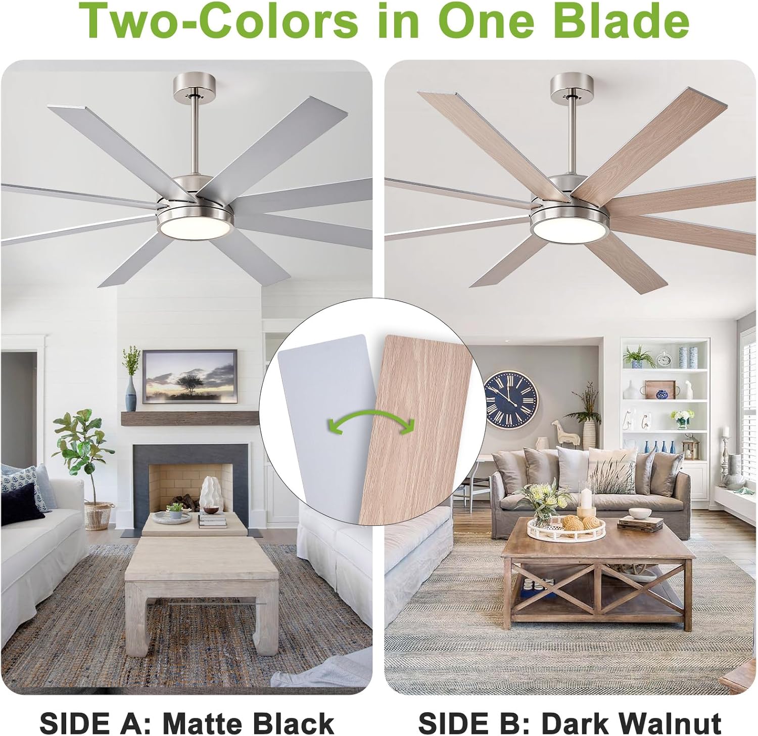 72 Inch Large Ceiling Fans with Lights and Remote Control, 8 Blade Outdoor Ceiling Fan Light for Patios and Porch Modern Industrial Silver, Brushed Nickel