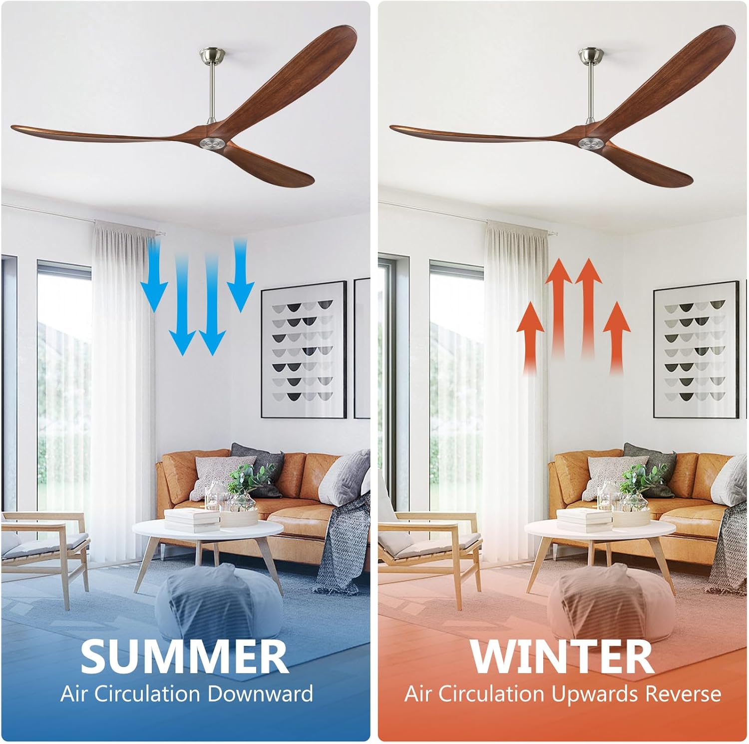 ABZ Ceiling Fan without Light - 84 inch Solid Wood Blades Ceiling Fan no Light with Remote Control for Outdoor Indoor Patio Bedroom Living Room Farmhouse, Silver & Walnut
